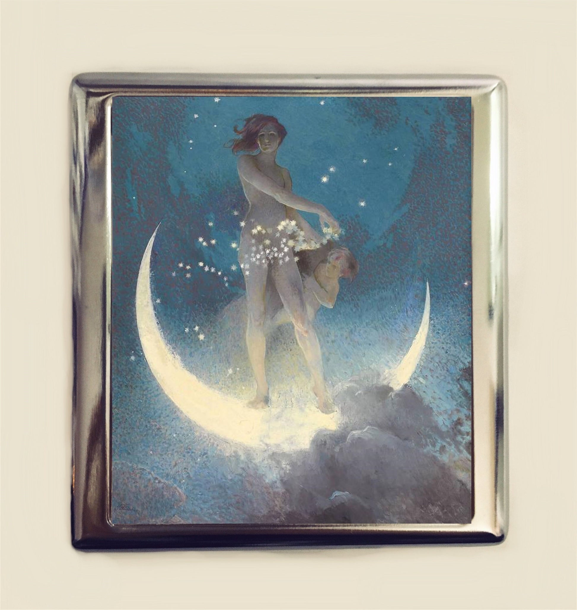 Fairy on Moon Cigarette Case Business Card ID Holder Wallet Art Nouveau Deco Whimsical Fantasy Art