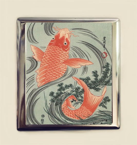 Japanese Koi Woodblock Cigarette Case Business Card ID Holder Wallet Japan Carp Fish Gold Fish Goldfish Asian Art