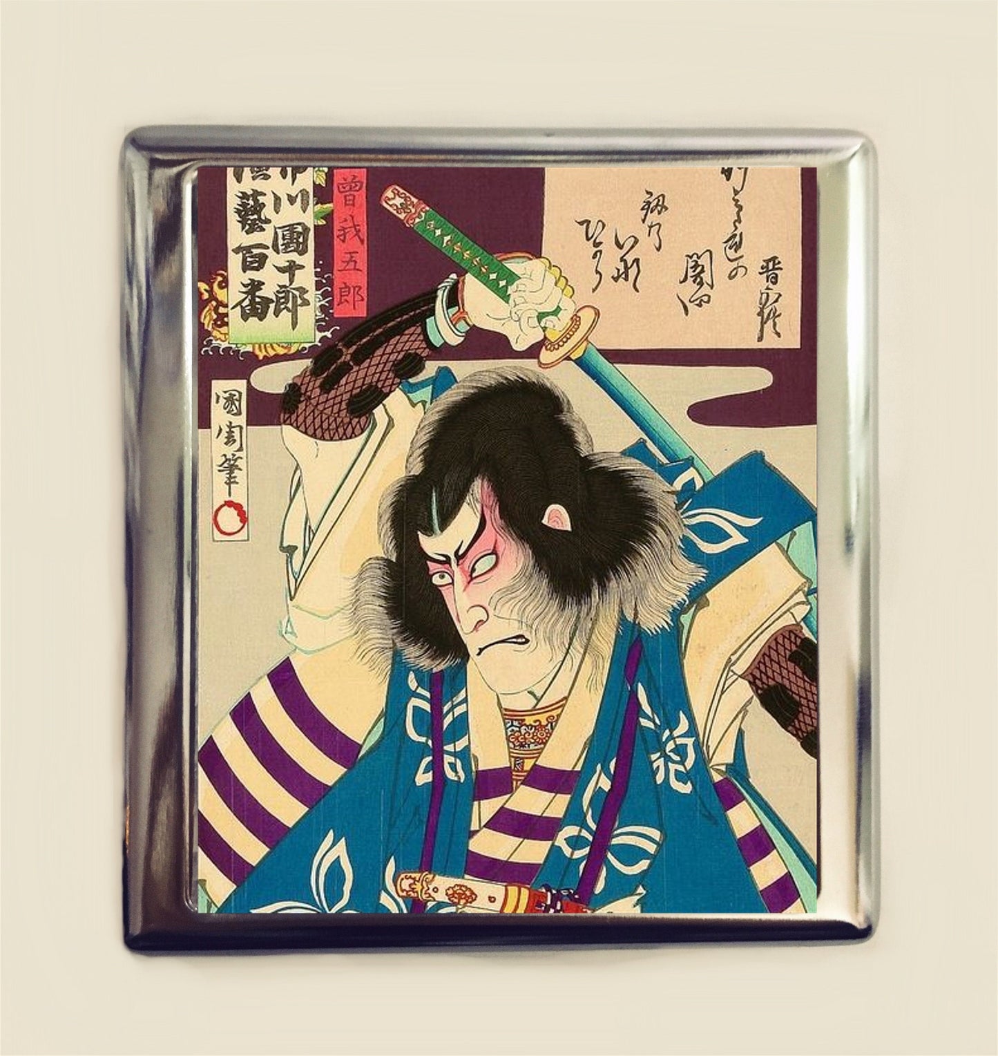 Japanese Samurai Woodblock Cigarette Case Business Card ID Holder Wallet Japan Kabuki Warrior Asian Art