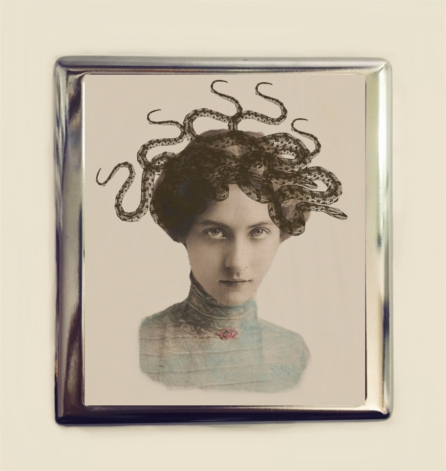 Medusa Cigarette Case Business Card ID Holder Wallet Altered Art Antique Photography Snake Woman