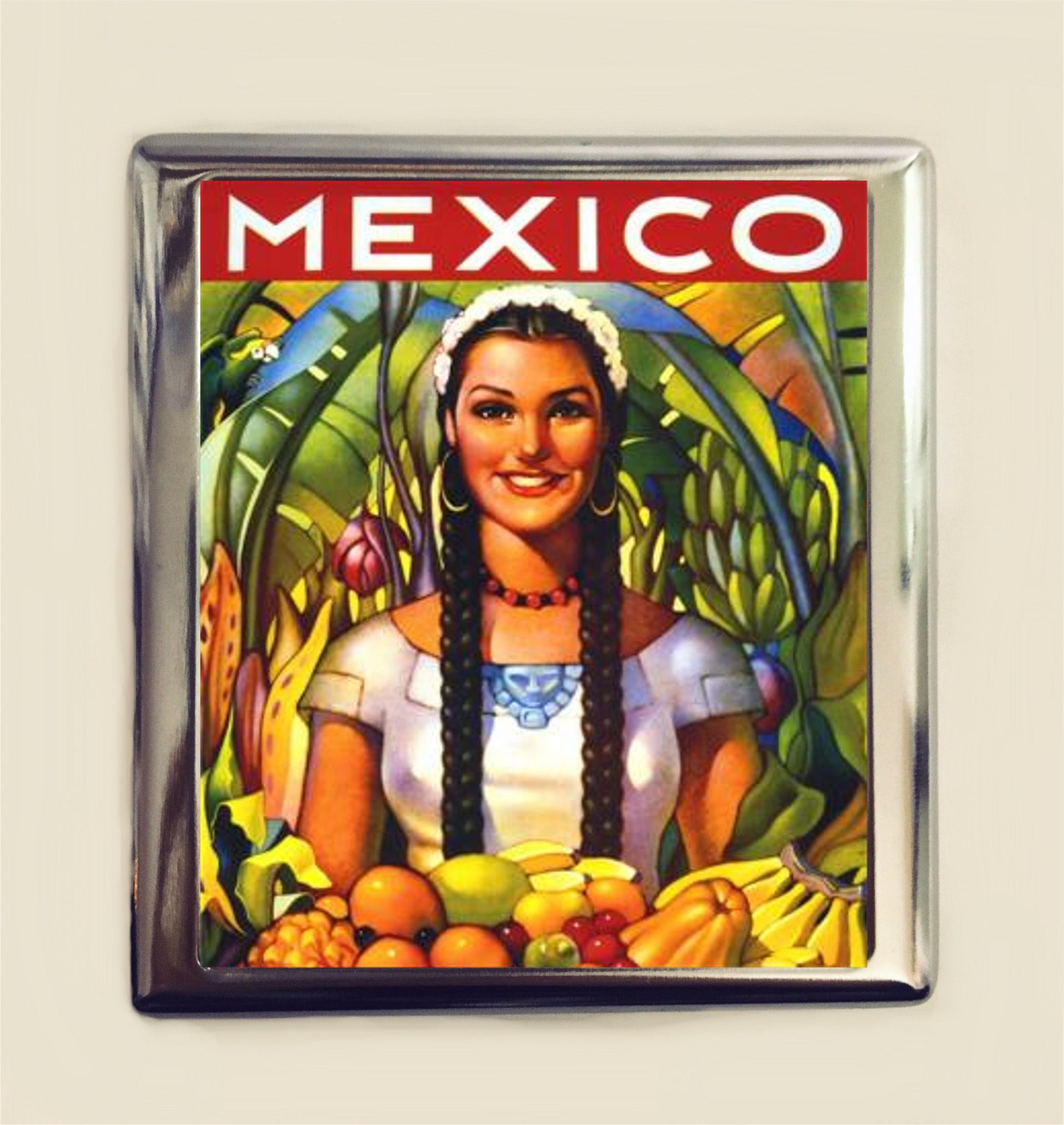 Mexican Travel Poster Cigarette Case Business Card ID Holder Wallet Fruit Woman Mexico Vintage Ad