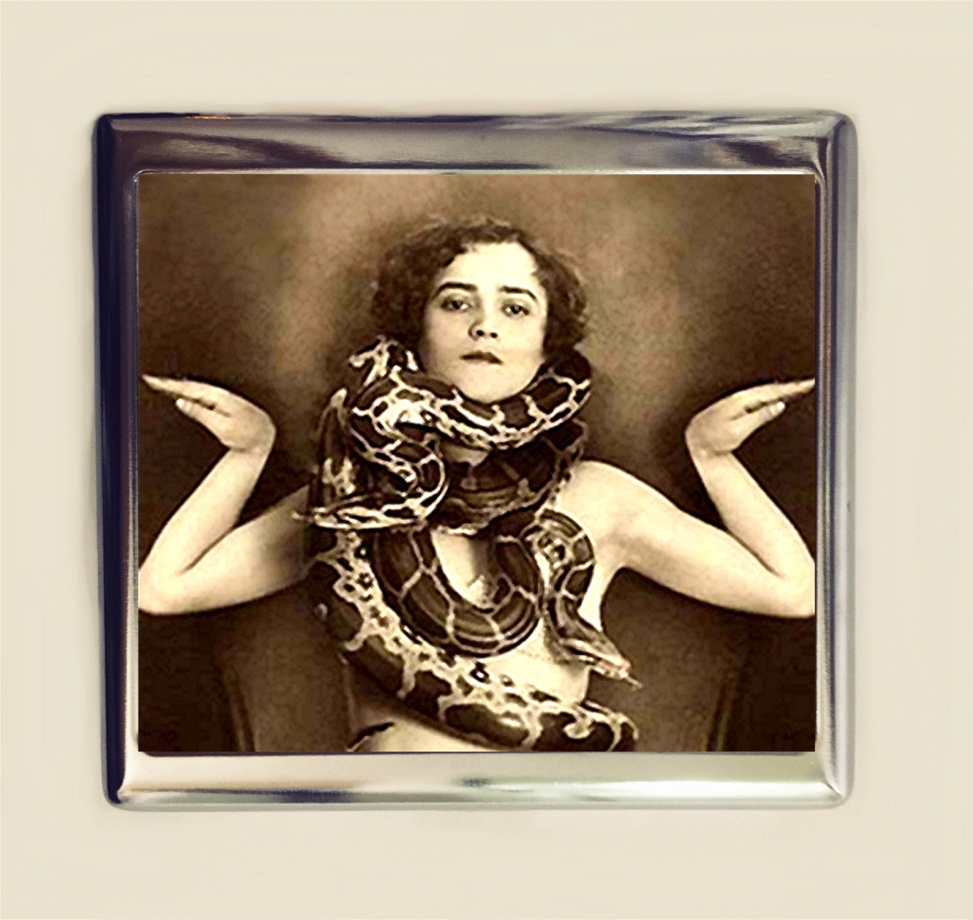 Art Deco Snake Charmer Cigarette Case Business Card ID Holder Wallet Sideshow Oddity Circus Freak Woman Snake Charming