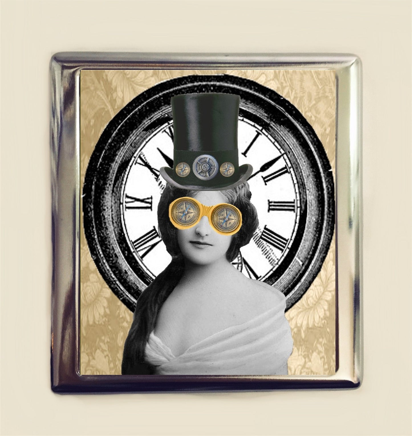 Victorian Steampunk Woman Cigarette Case Business Card ID Holder Wallet Pop Surrealism Altered Art Edwardian