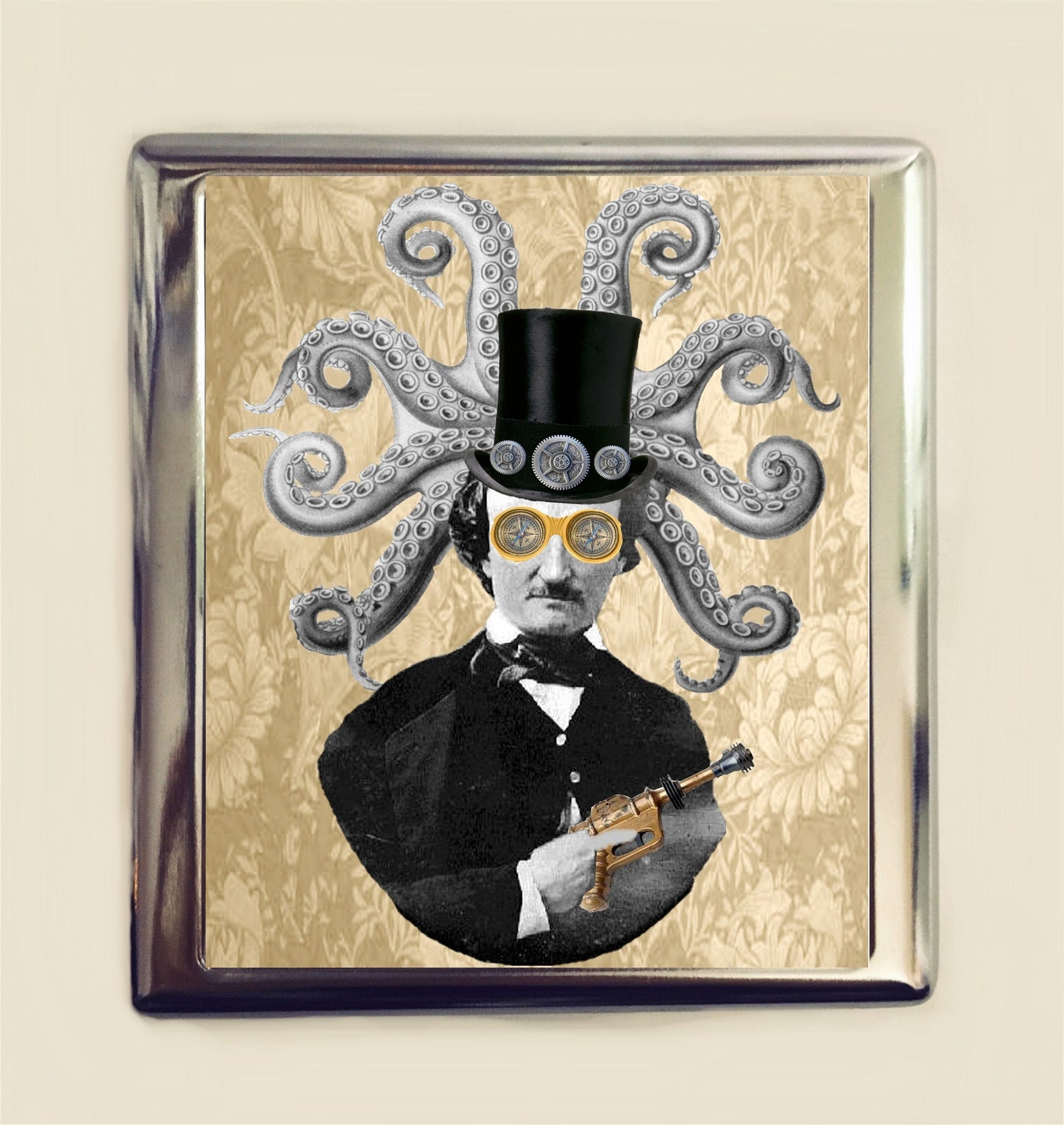 Victorian Steampunk Edgar Allan Poe Cigarette Case Business Card ID Holder Wallet Octopus Altered Art Pop Surrealism Gothic