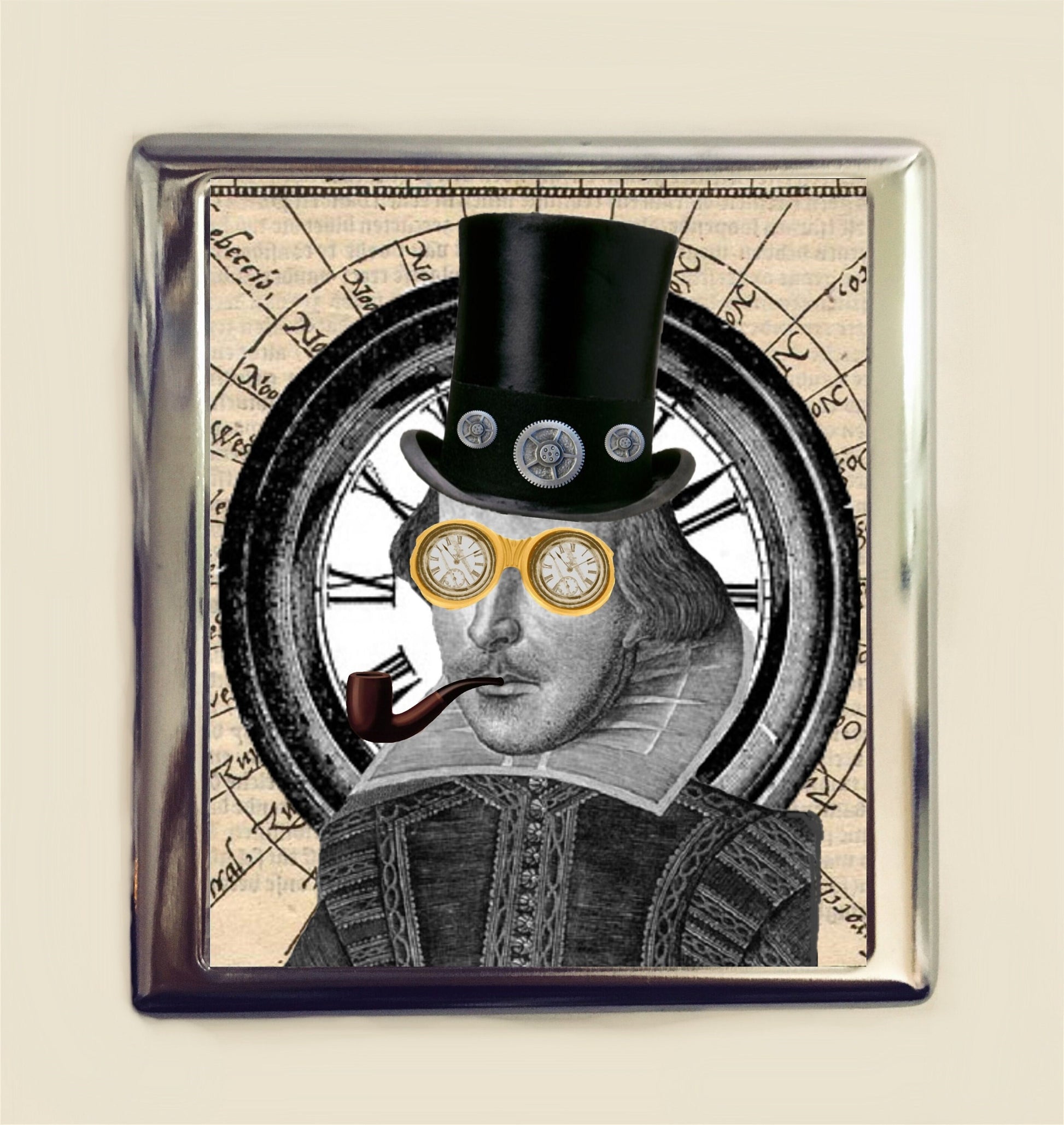 Victorian Steampunk William Shakespeare Cigarette Case Business Card ID Holder Wallet Altered Art Pop Surrealism Author