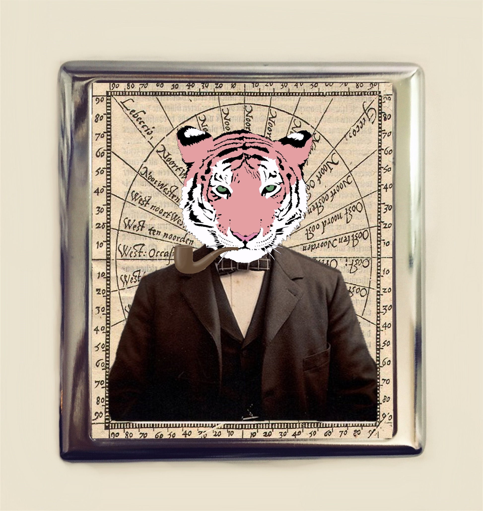 Victorian Steampunk Tiger Cigarette Case Business Card ID Holder Wallet Pop Animal Art Whimsical Anthropomorphic Victorian Altered Art