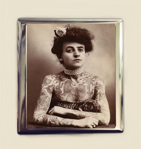 Tattooed Lady Cigarette Case Business Card ID Holder Wallet Sideshow Circus Freak Tattoo Retro