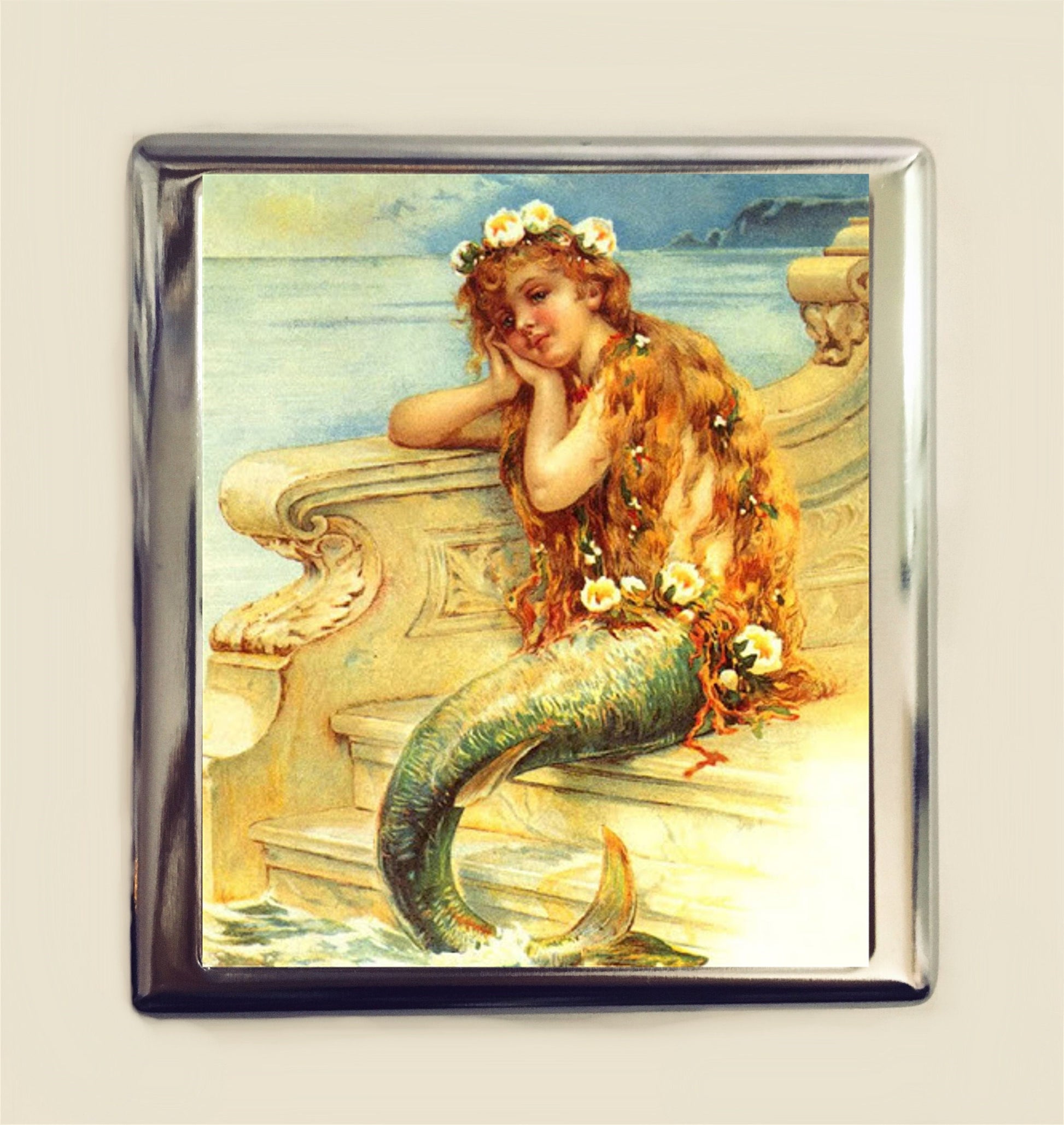 Edwardian Mermaid Girl Cigarette Case Business Card ID Holder Wallet Nautical Siren Mermaids