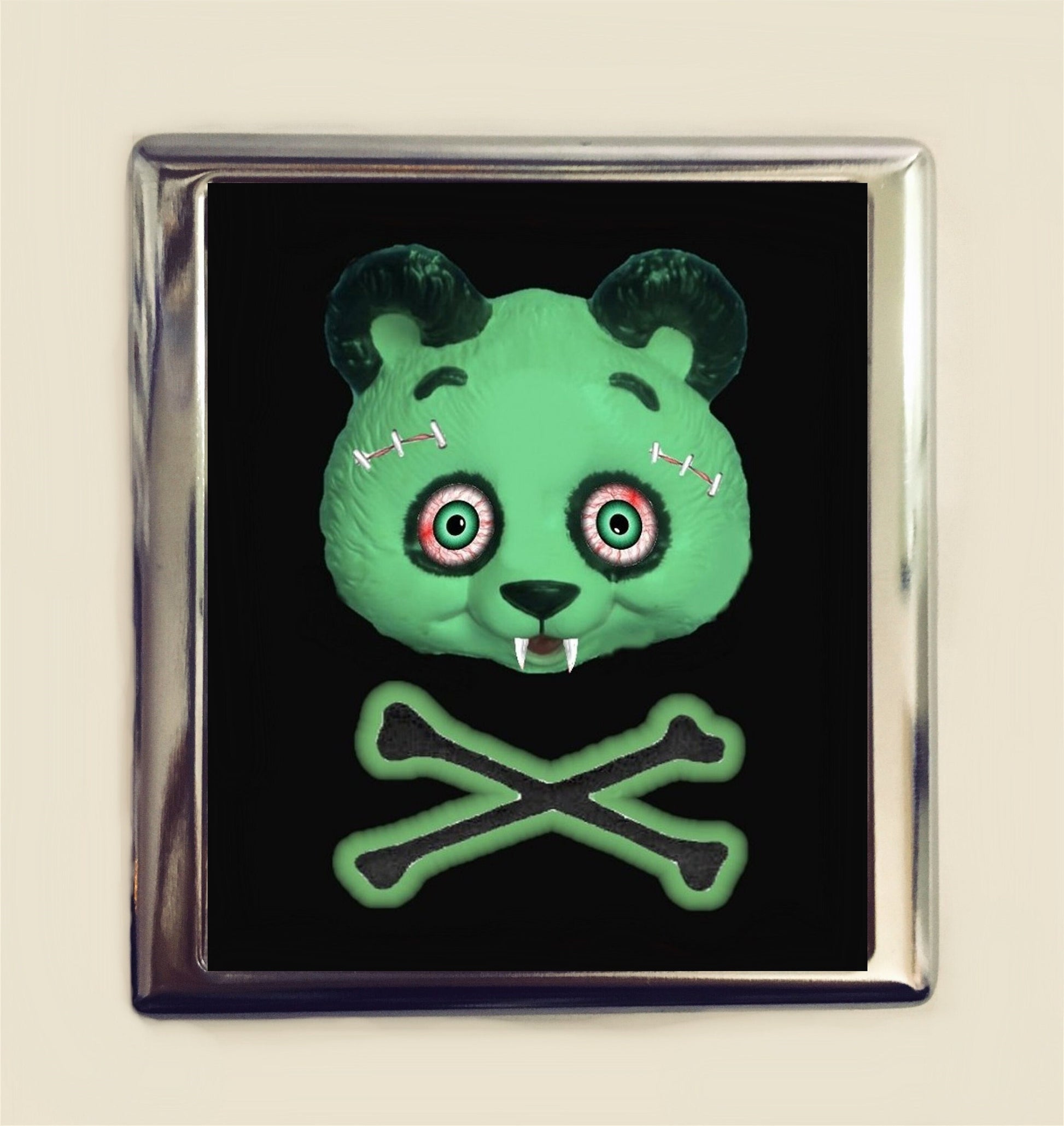 Zombie Panda Cigarette Case Business Card ID Holder Wallet Goth Gothic Horror Creepy Kawaii Cute Crossbones