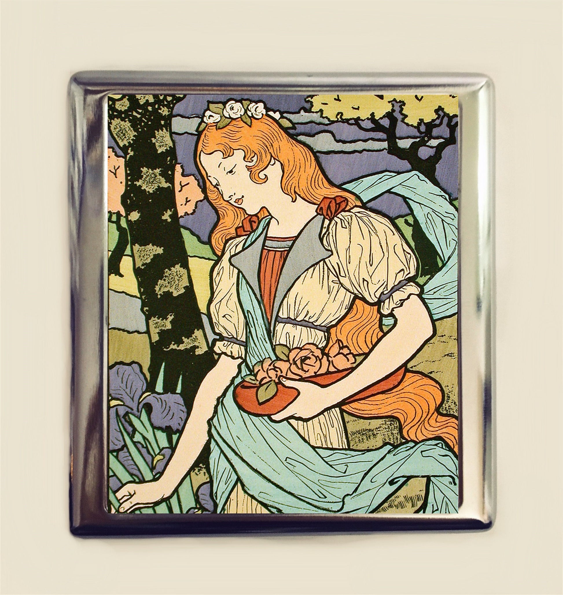 Art Nouveau Redhead Cigarette Case Business Card ID Holder Wallet Pastoral Landscape Woman