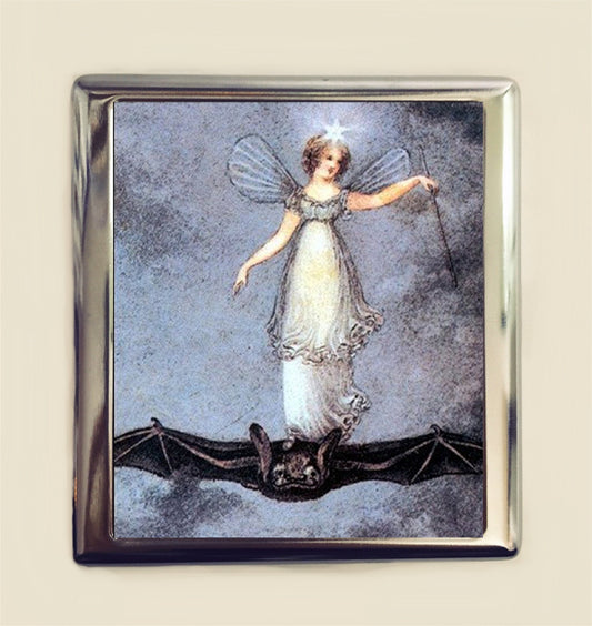 Fairy Bat Rider Cigarette Case Business Card ID Holder Wallet Girl Riding Bat Storybook Fairy Tale Fairytale