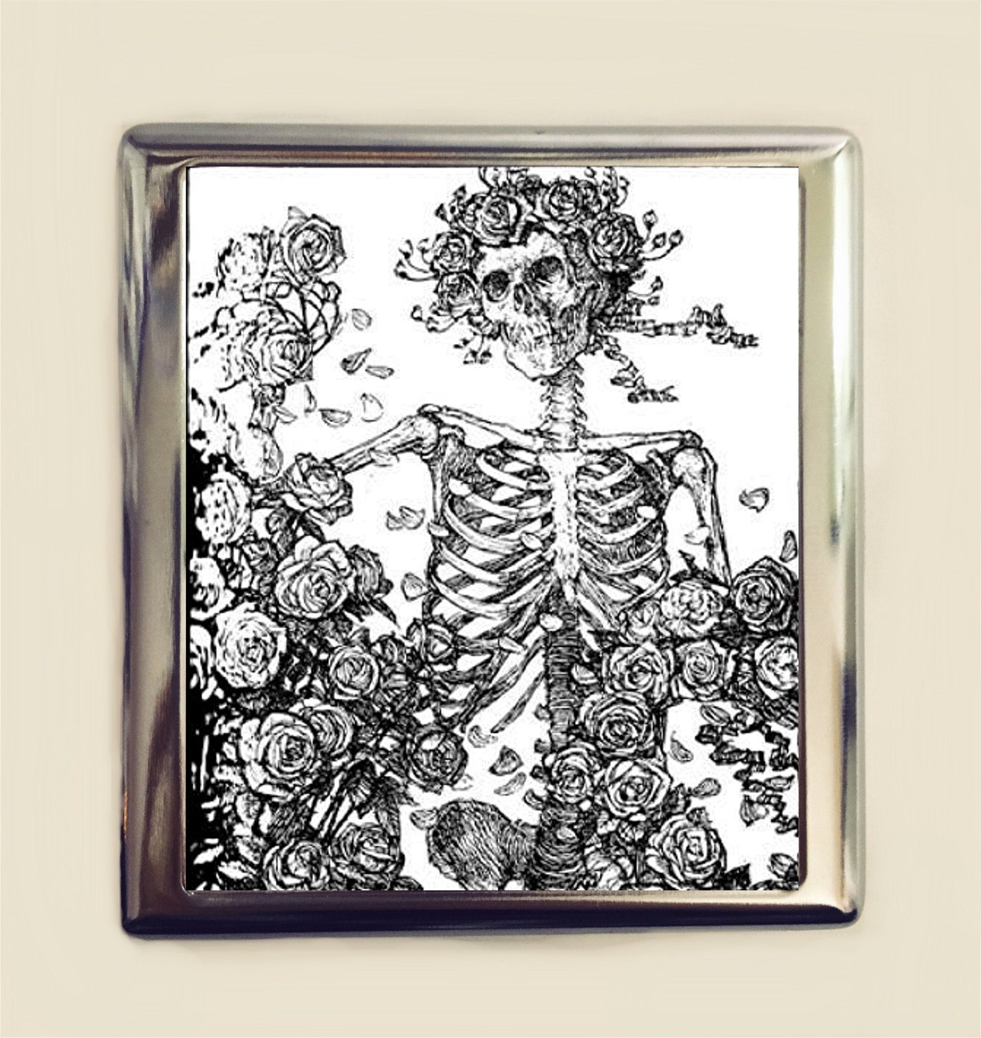 Skeleton and Roses Cigarette Case Business Card ID Holder Wallet Goth Gothic Dark Art Macabre