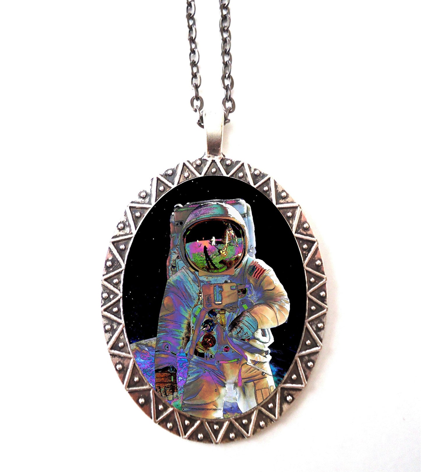 Astronaut Necklace Pendant Silver Tone - Pop Art Outerspace Outer Space Travel