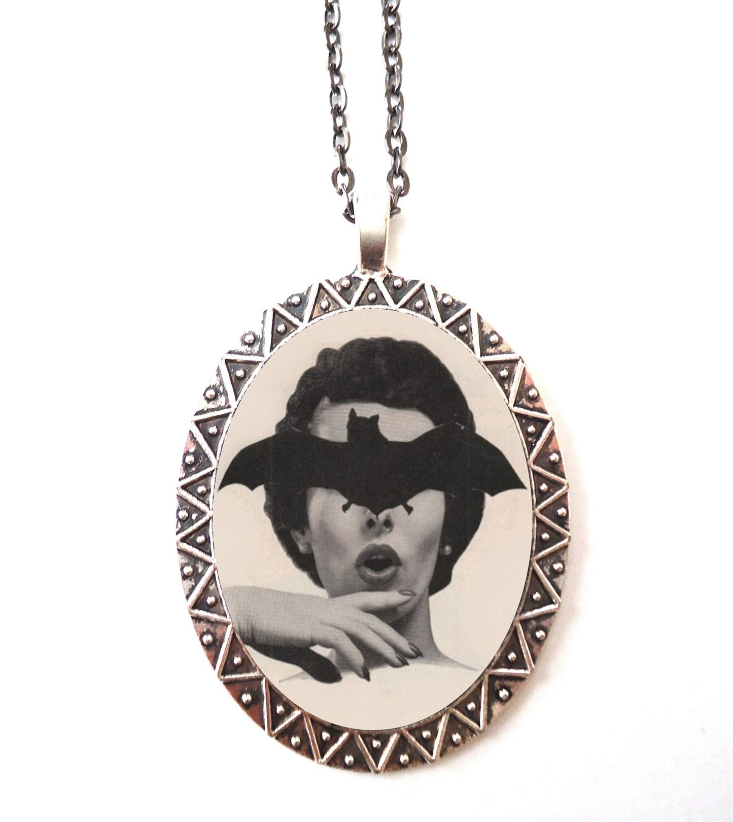 Bat Face Woman Necklace Pendant Silver Tone - Pop Art Retro Kitsch Quirky