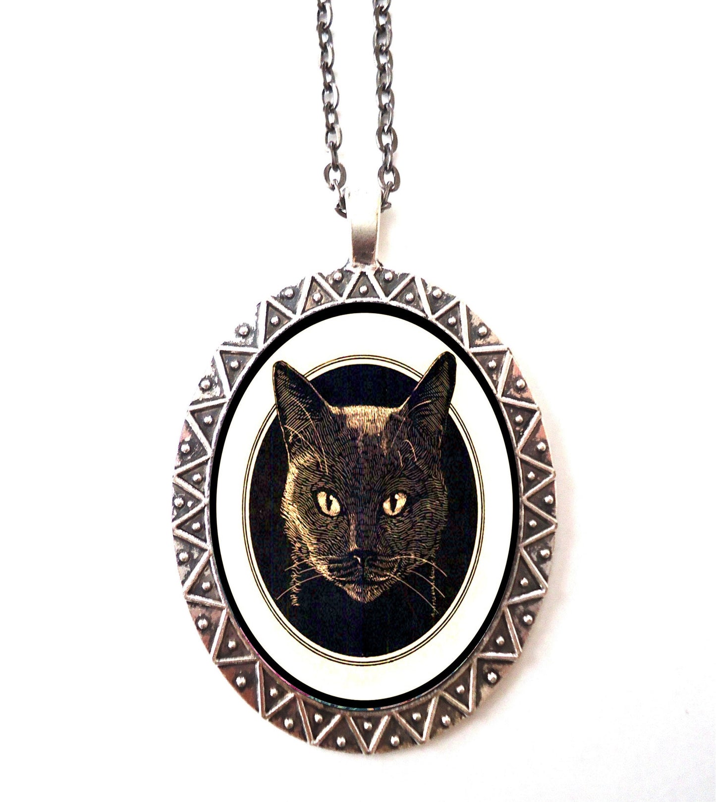 Black Cat Head Necklace Pendant Silver Tone - Cats Illustration