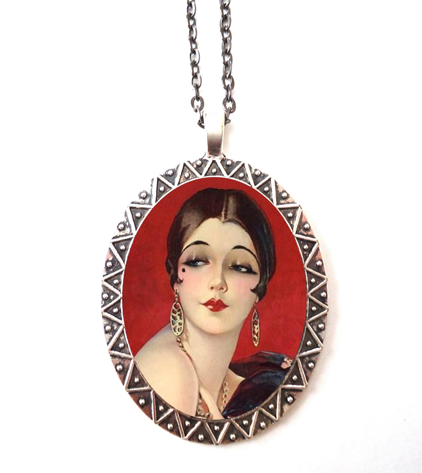 Flapper Glamorous Necklace Pendant Silver Tone - Art Deco 1920s Jazz Age Red