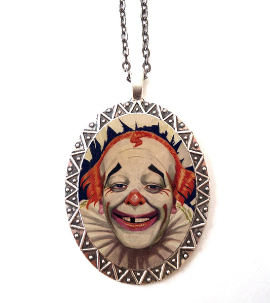 Clown Necklace Pendant Silver Tone - Retro Kitsch Circus Illustration