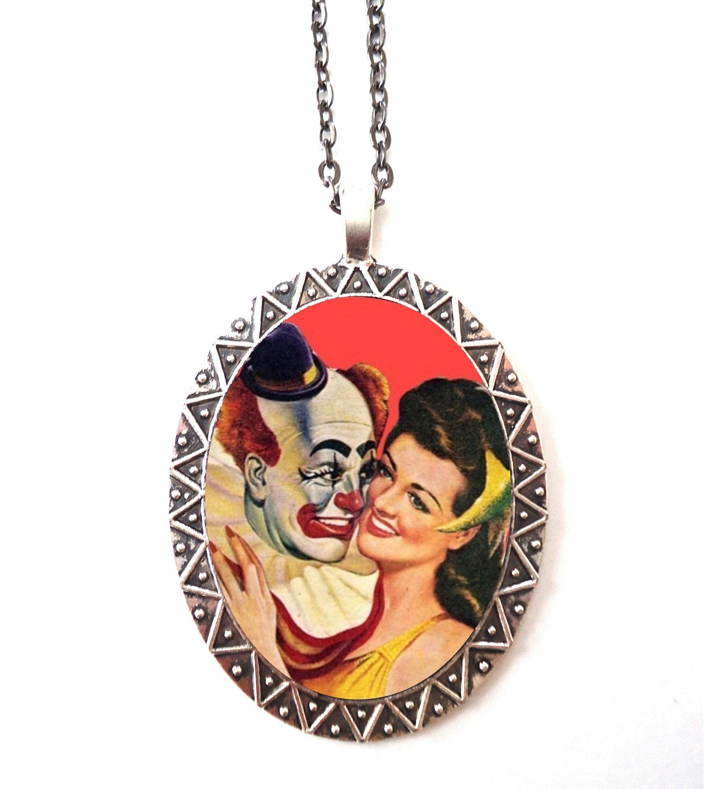 Clown Romance Necklace Pendant Silver Tone - Pulp Romantic 1950s Kitsch Retro