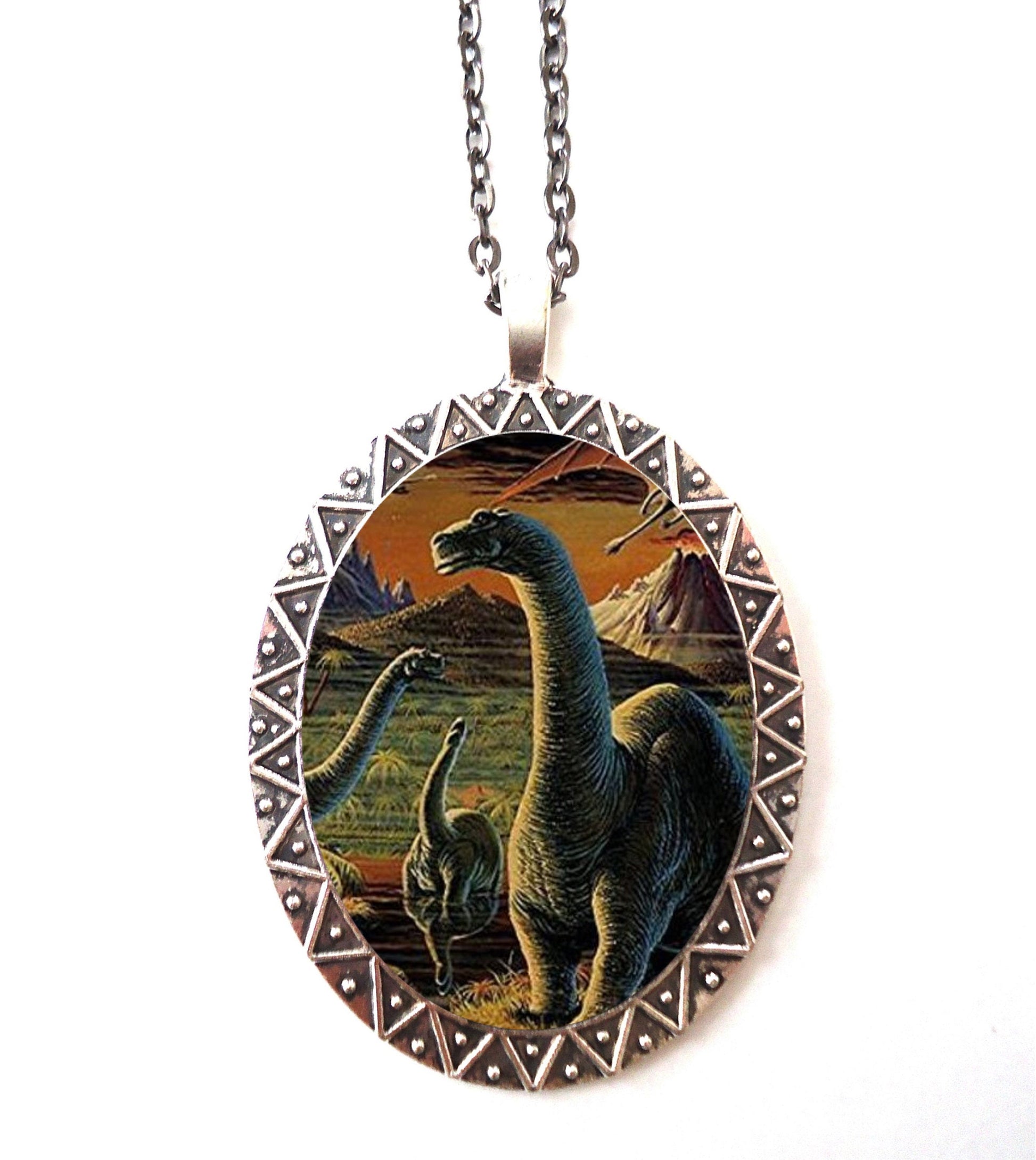 Dinosaur Necklace Pendant Silver Tone - Dinosaurs Retro Kitsch Prehistoric Illustration