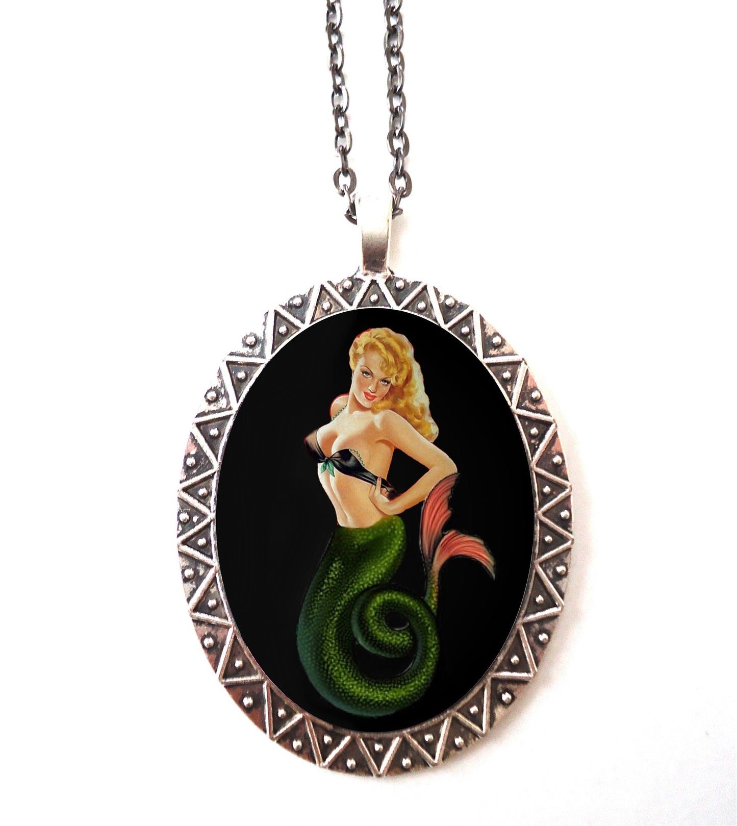 Mermaid Pin Up Necklace Pendant Silver Tone - Pinup Girl Retro 1950s Kitsch Nautical