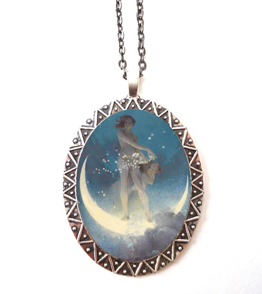 Fairy on Moon Necklace Pendant Silver Tone - Crescent Moon Fairy Tale Fairytale Fantasy Whimsical Storybook