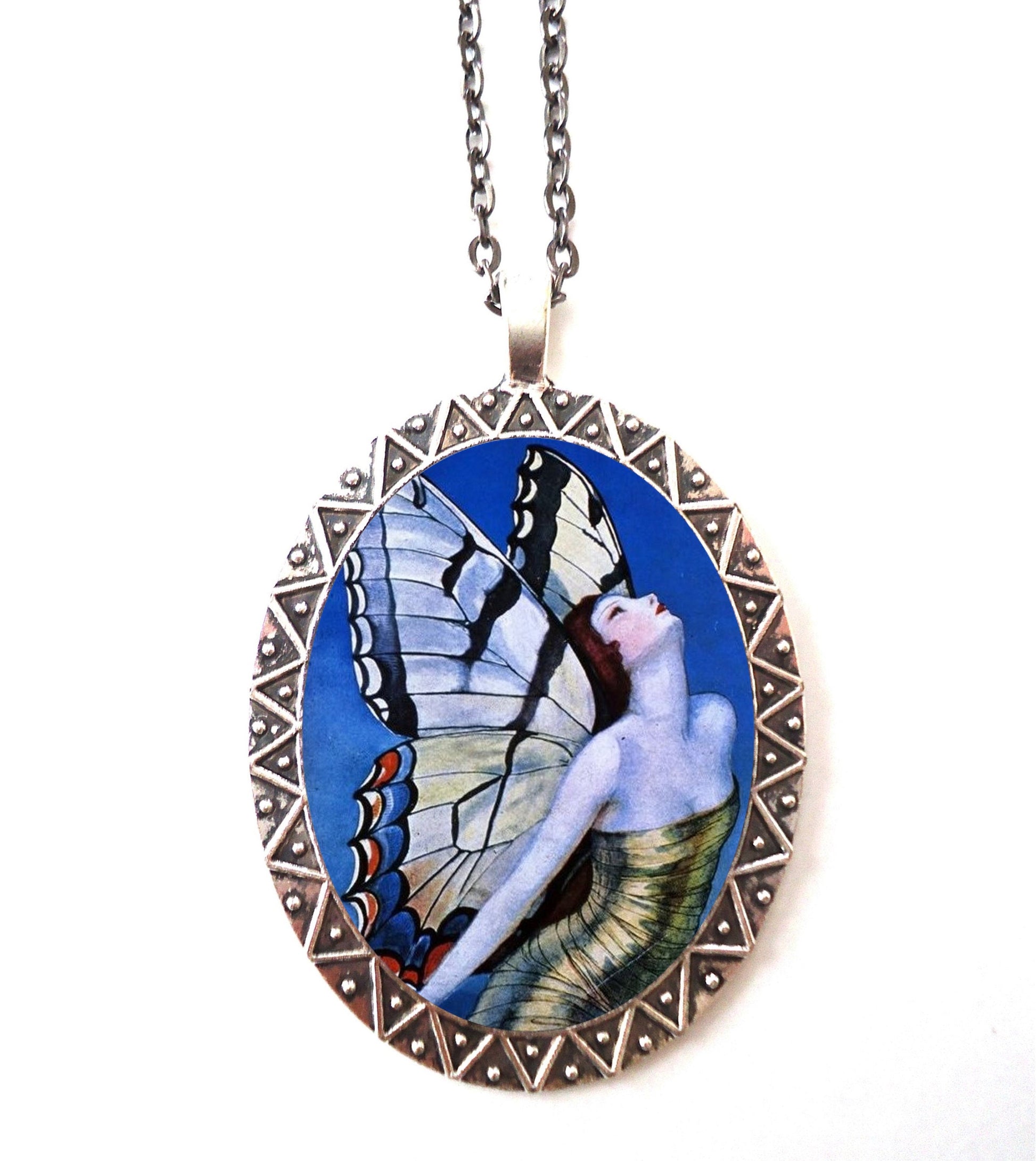 Flapper Butterfly Necklace Pendant Silver Tone - Art Deco 1920's Jazz Age Butterflies Whimsical