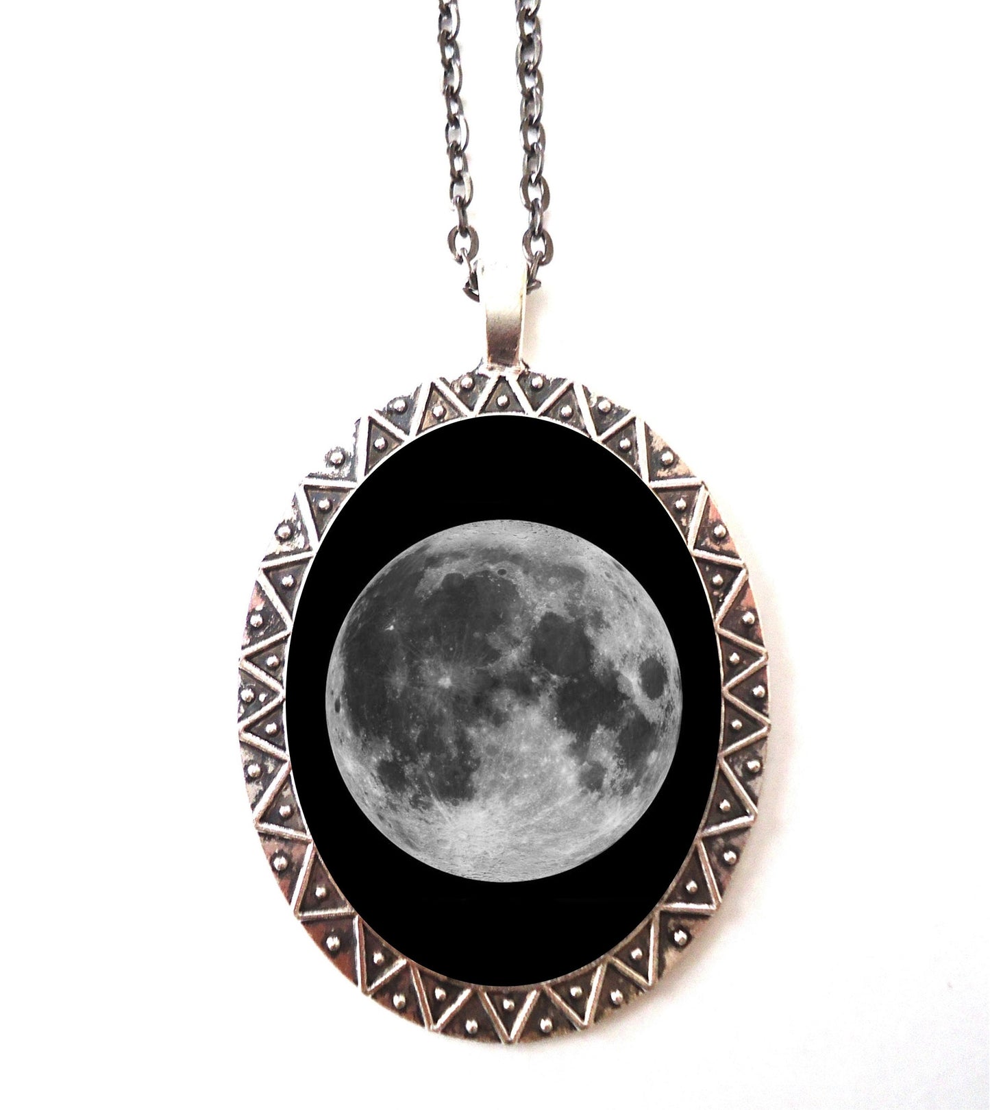 Full Moon Necklace Pendant Silver Tone - Lunar Phases Celestial Outerspace