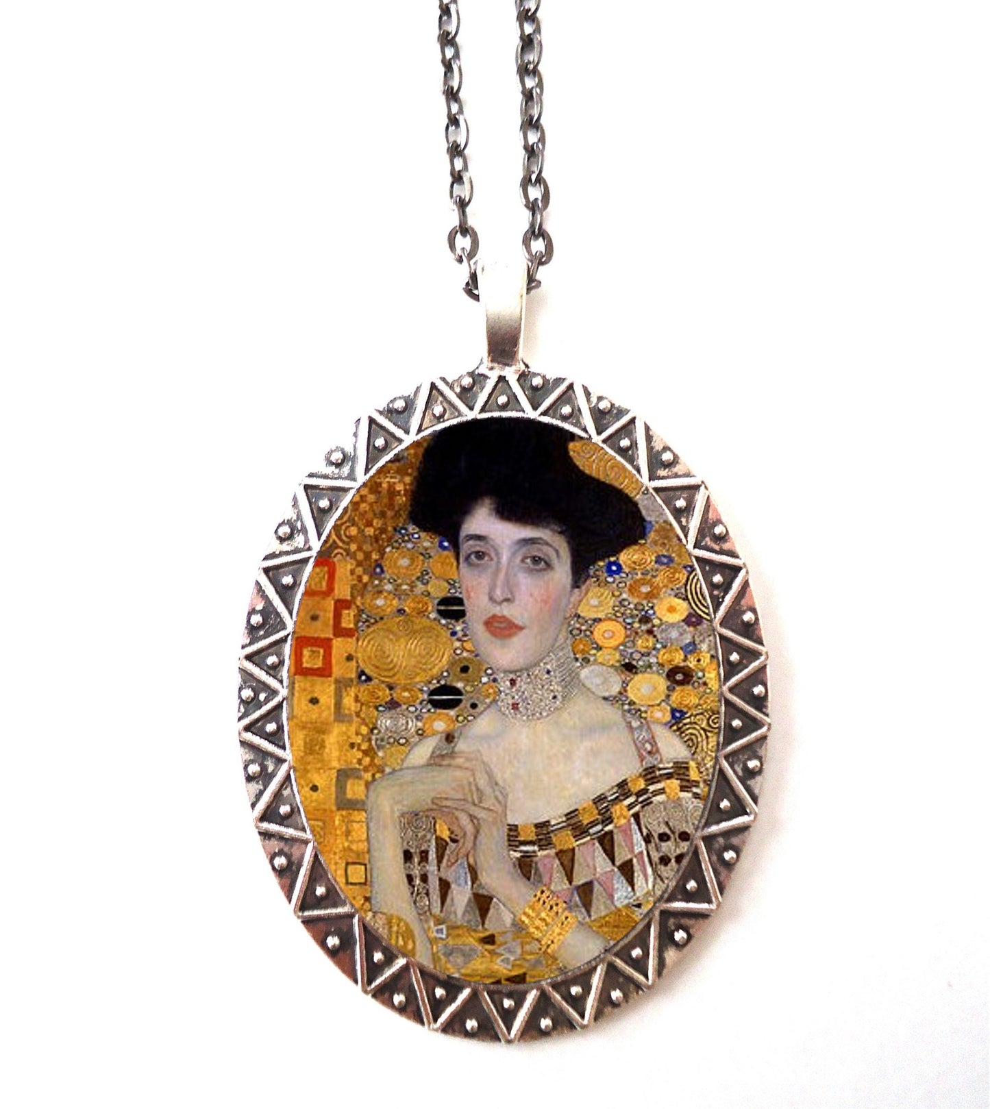 Klimt Adele Pendant Silver Tone - Art Nouveau Fine Art Painting Necklace