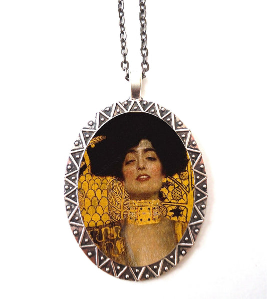 Klimt Judith Pendant Silver Tone - Art Nouveau Fine Art Painting Necklace