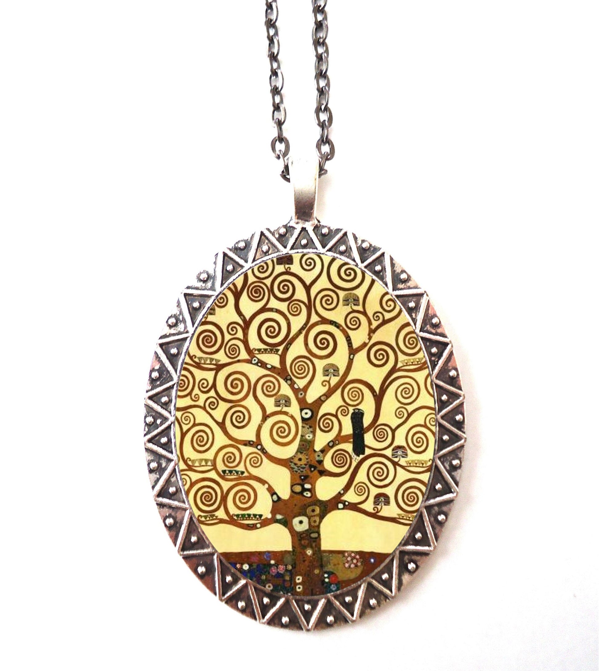 Klimt Tree of Life Pendant Silver Tone - Art Nouveau Fine Art Painting Necklace