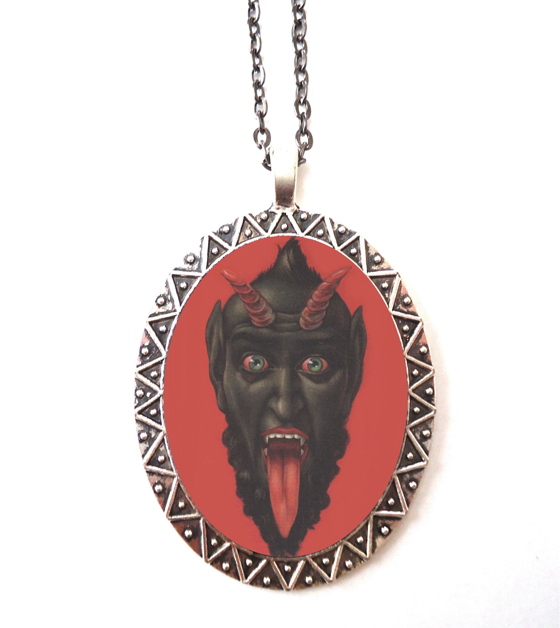 Krampus Necklace Pendant Silver Tone - Devil Christmas Creepy Goth Dark Art