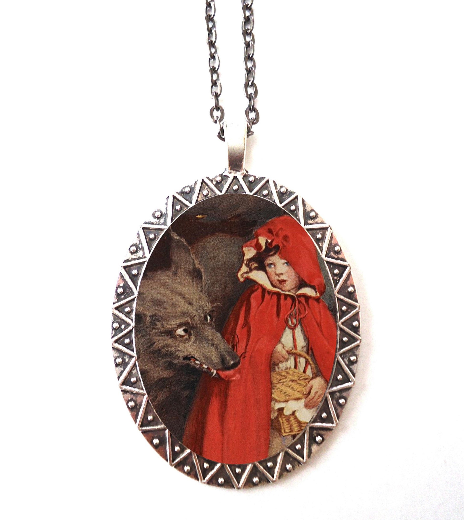 Little Red Riding Hood Necklace Pendant Silver Tone - Children's Storybook Fairy Tale Fairytale