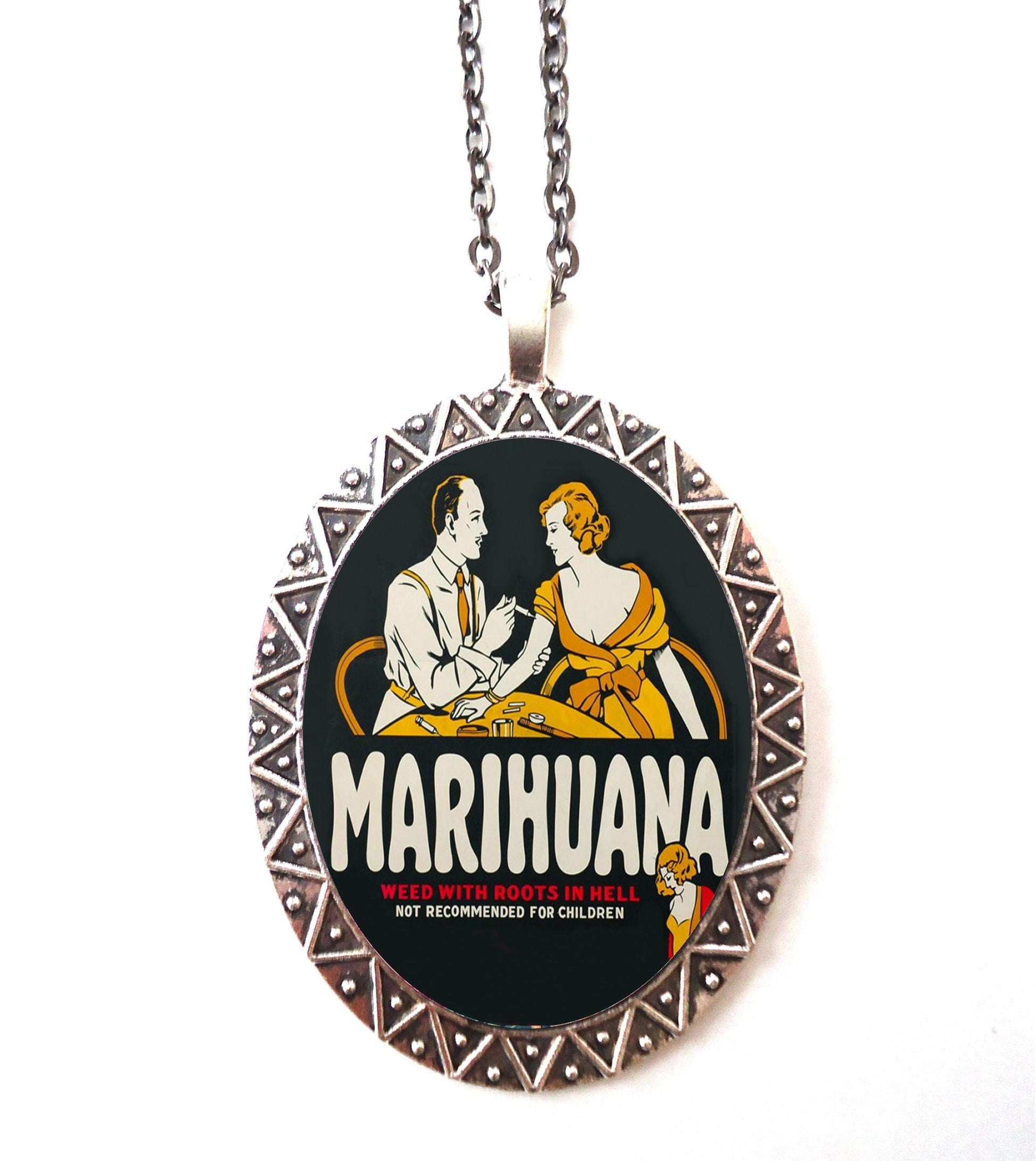 Marijuana Necklace Pendant Silver Tone - Marihuana B-Movie Weed Stoner Cannabis Pot Smoking