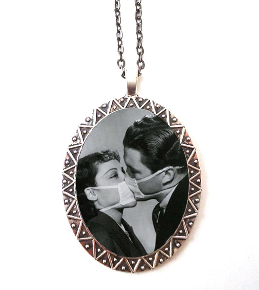 Masked Kiss Necklace Pendant Silver Tone - Retro Kissing 1950's Oddity Weird Romance