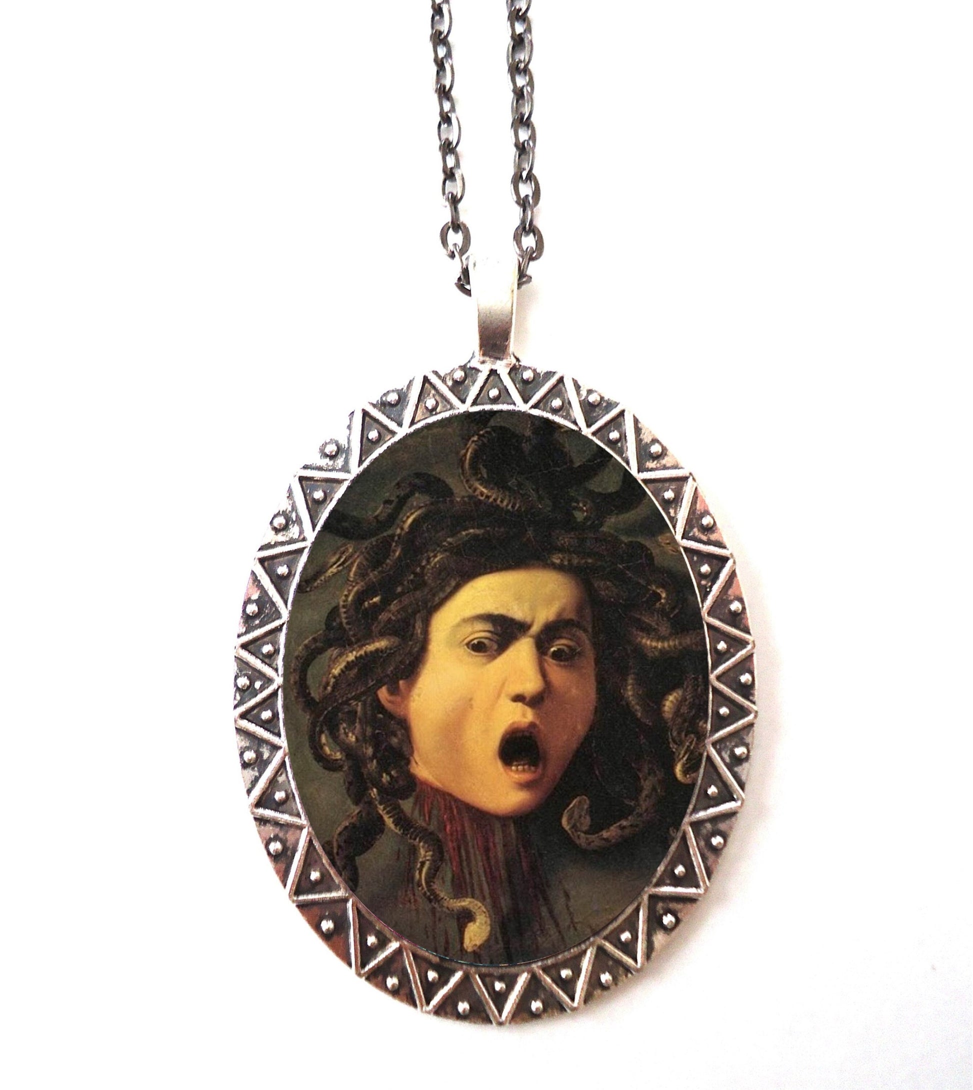 Medusa Necklace Pendant Silver Tone - Caravaggio Snake Woman Greek Mythology Snakes