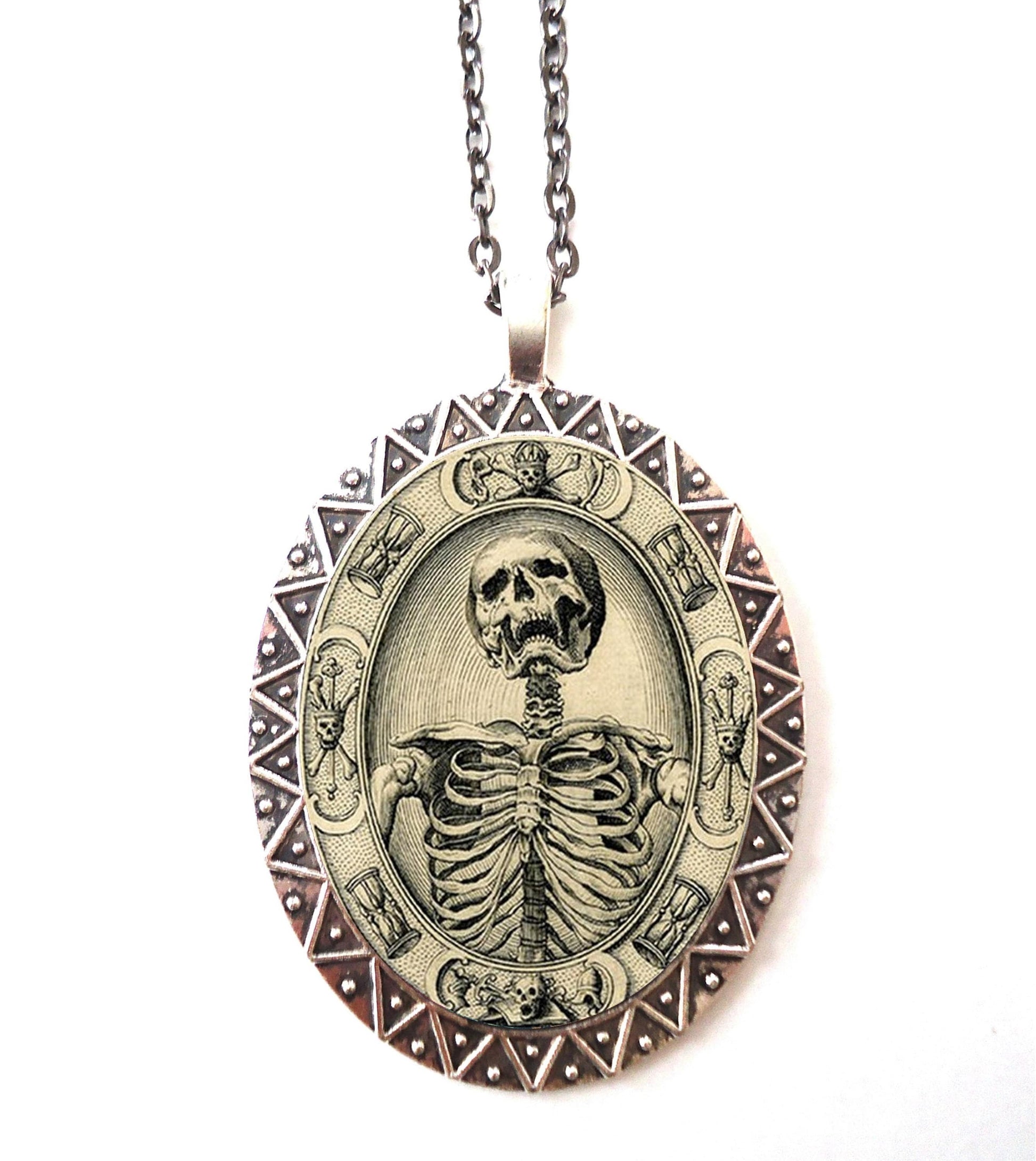 Memento Mori Necklace Pendant Silver Tone - Skeleton Skull Goth Gothic Dark Art