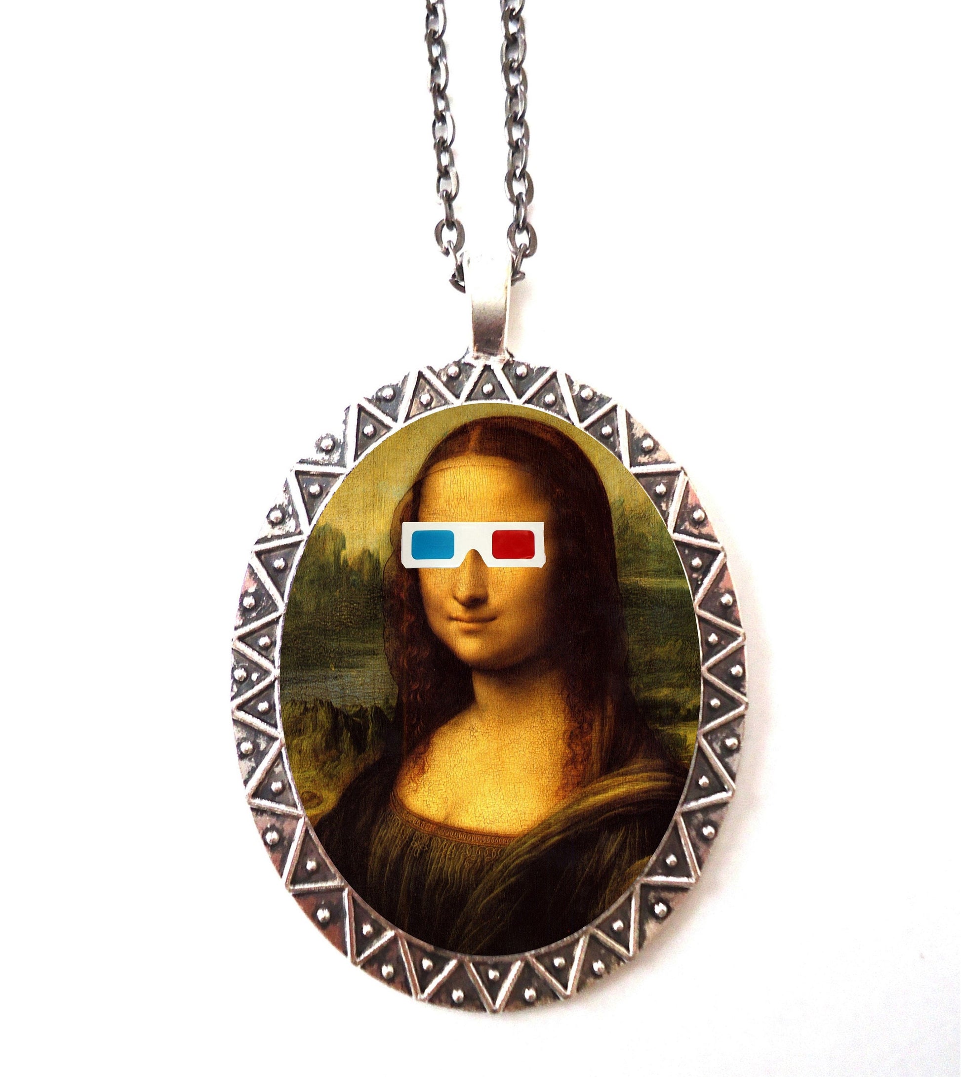 Mona Lisa 3D Glasses Necklace Pendant Silver Tone - Leonardo Da Vinci Pop Surrealism Art