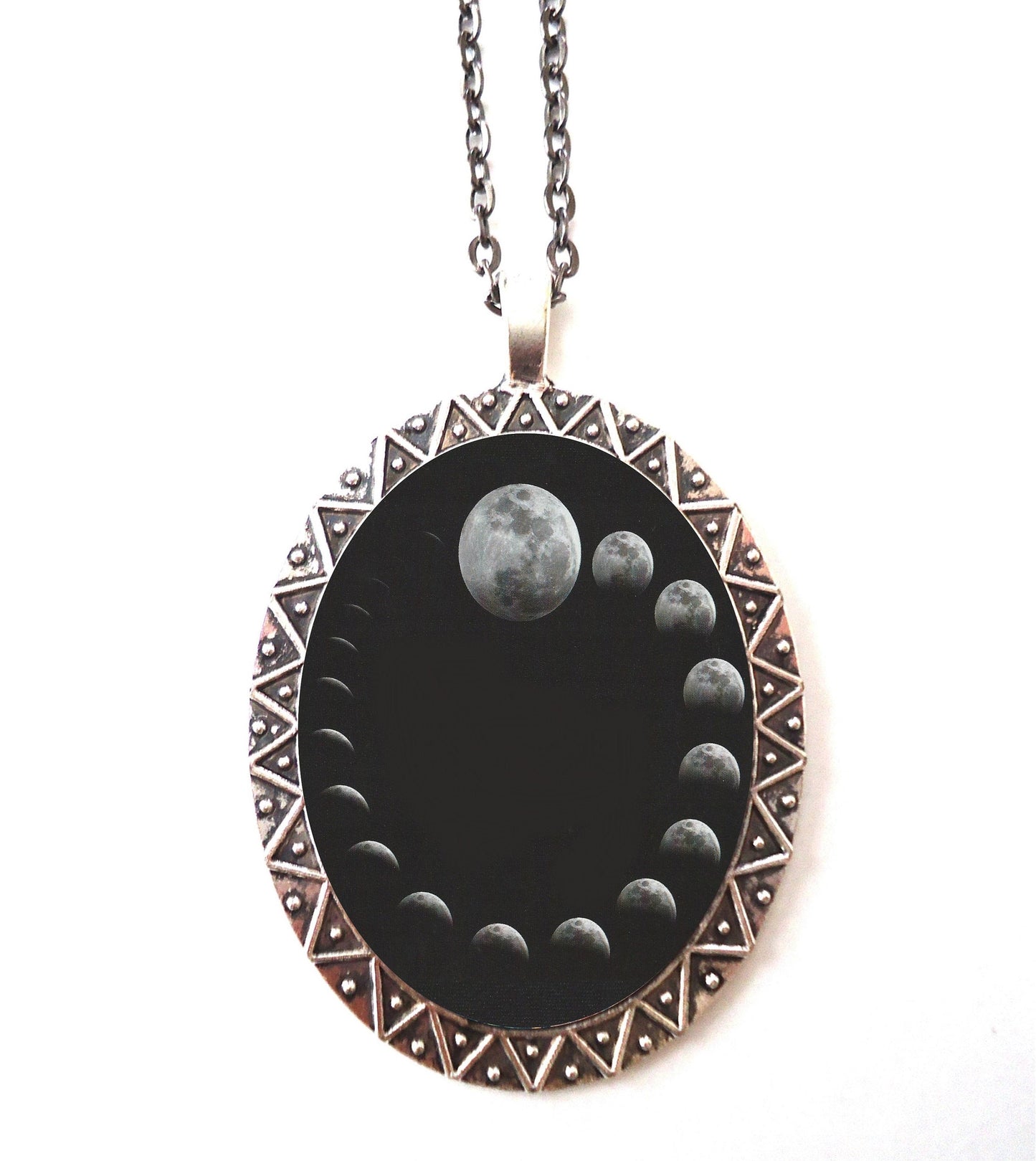 Moon Phases Necklace Pendant Silver Tone - Lunar Cycles Full Moon Celestial