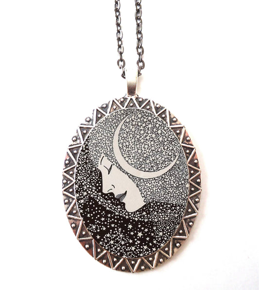 Moon Woman Necklace Pendant Silver Tone - Celestial Lunar Goddess Art Nouveau Deco