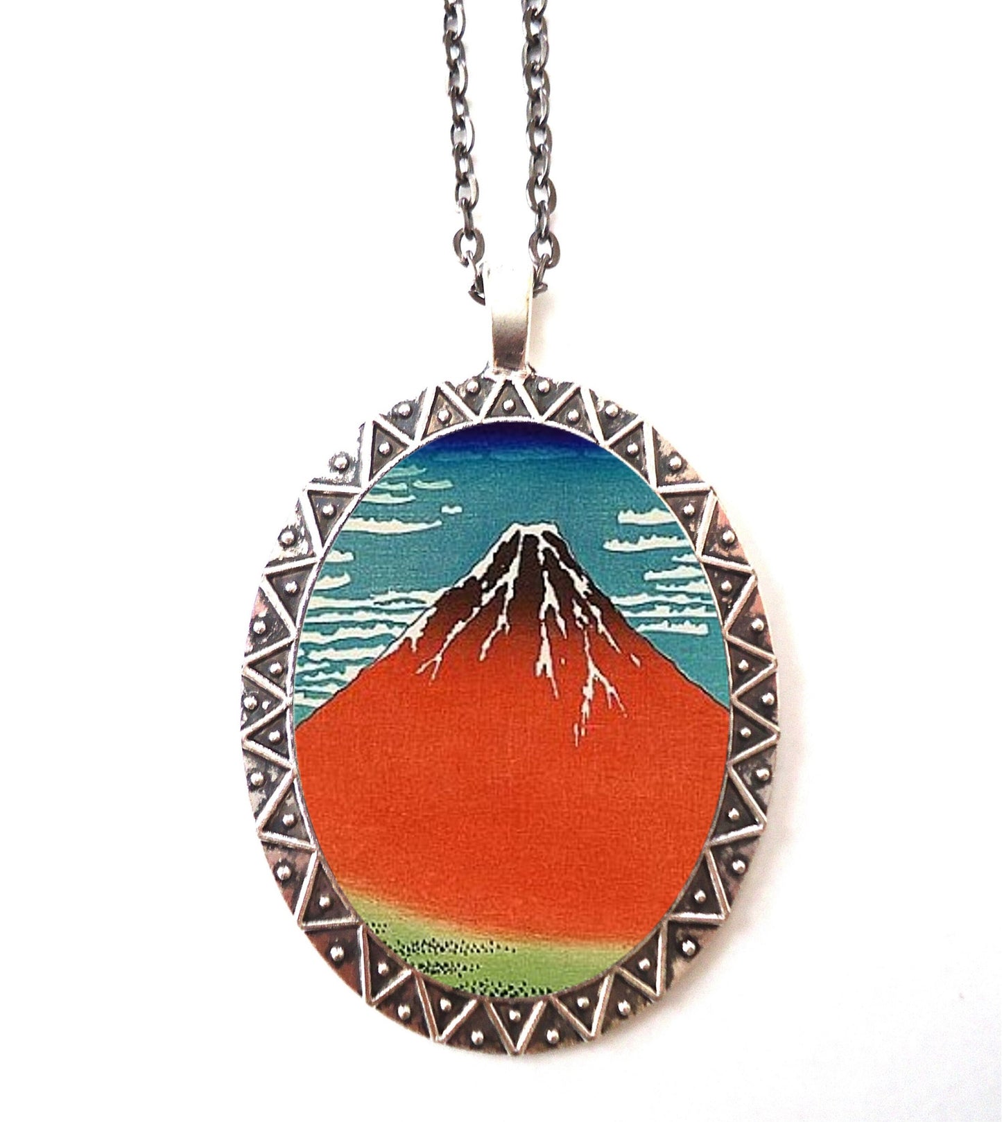 Mt Fuji Necklace Pendant Silver Tone - Japanese Japan Landscape Woodblock Asian Art