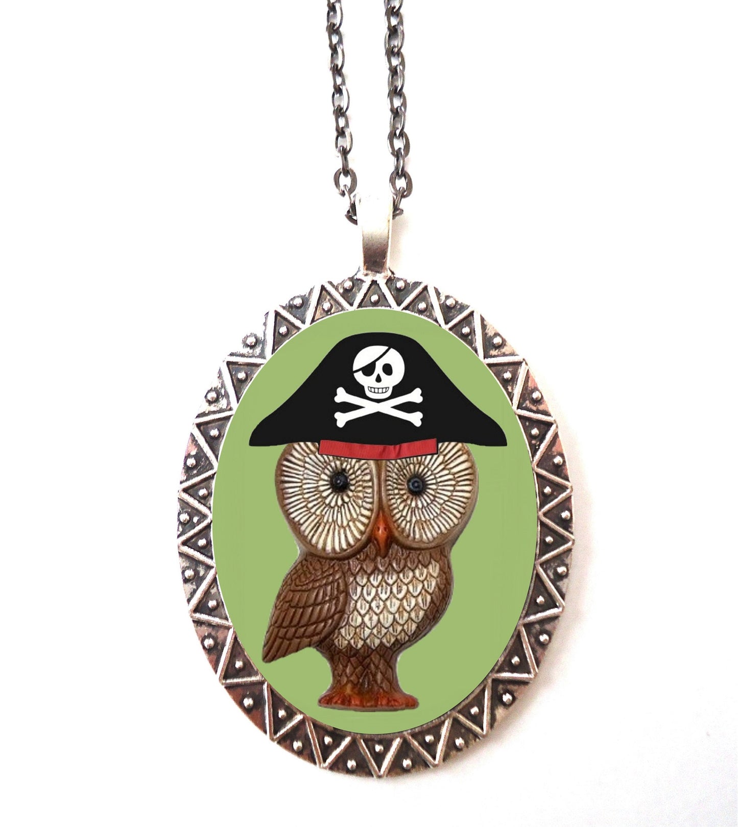 Pirate Owl Necklace Pendant Silver Tone - Whimsical Kitsch Nautical Animal Pop Art