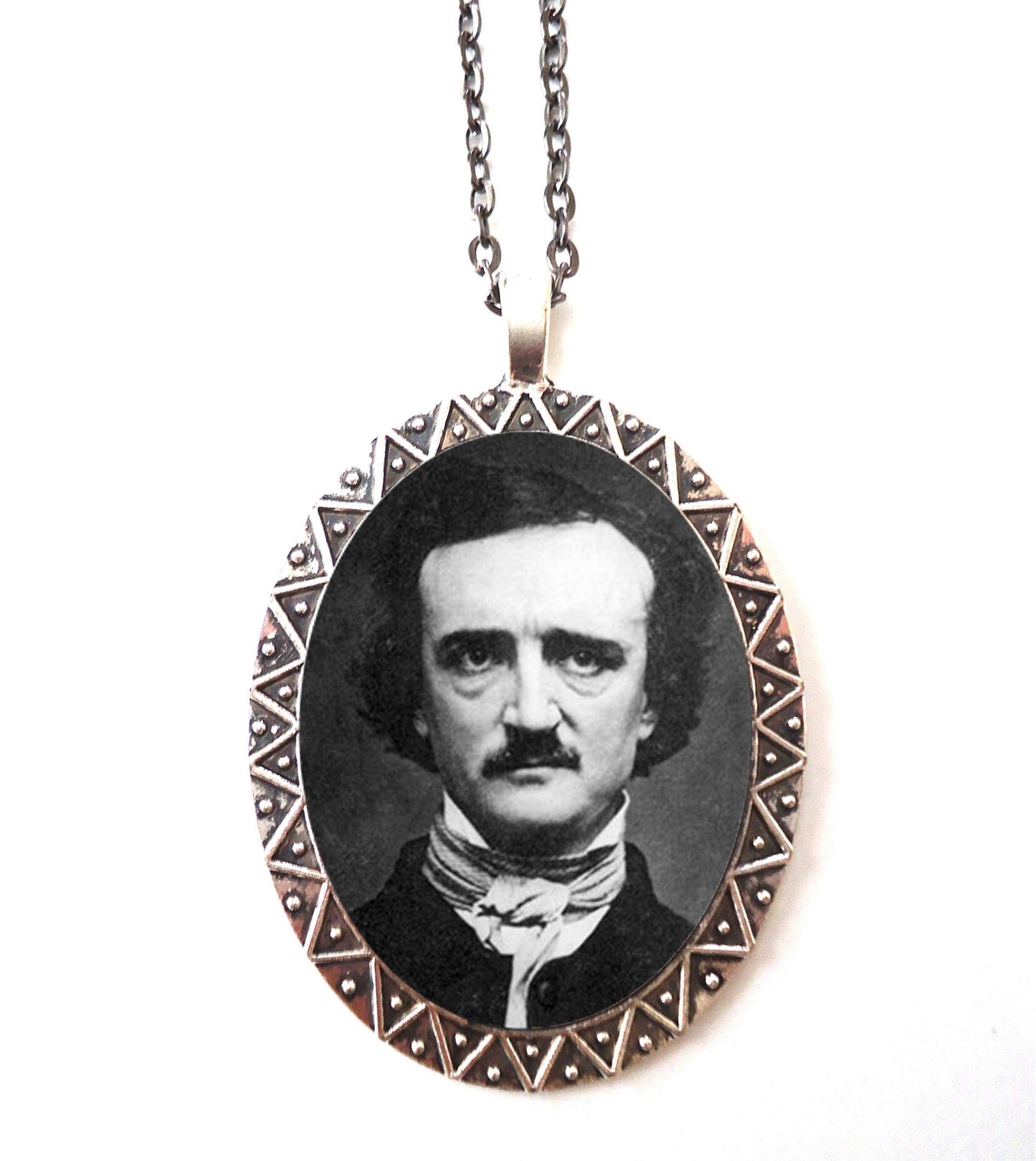 Edgar Allan Poe Portrait Necklace Pendant Silver Tone - Goth Author Literature Literary Gift for English Majors