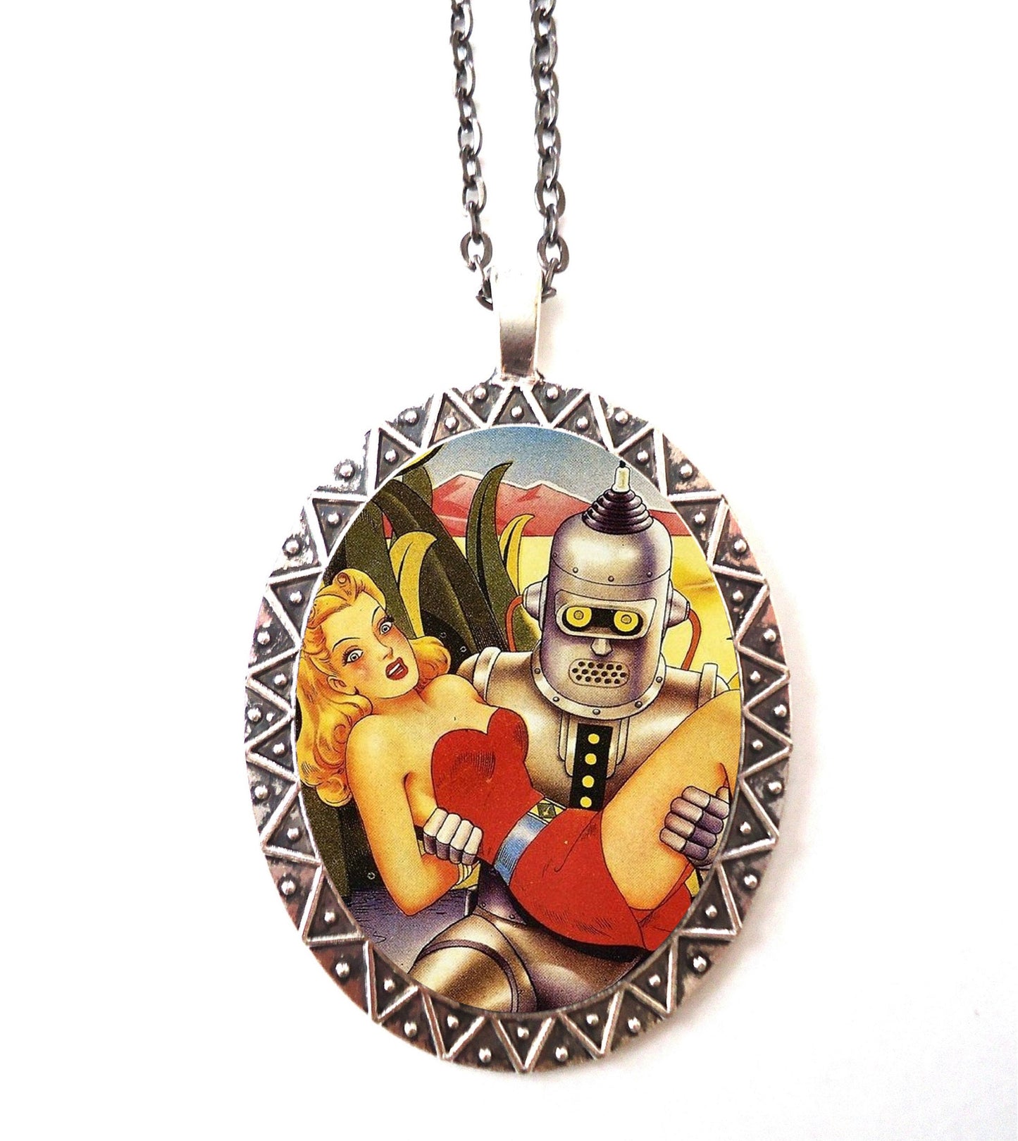 Robot and Woman Necklace Pendant Silver Tone - Comic Book Romance Sci Fi Retro 1950s