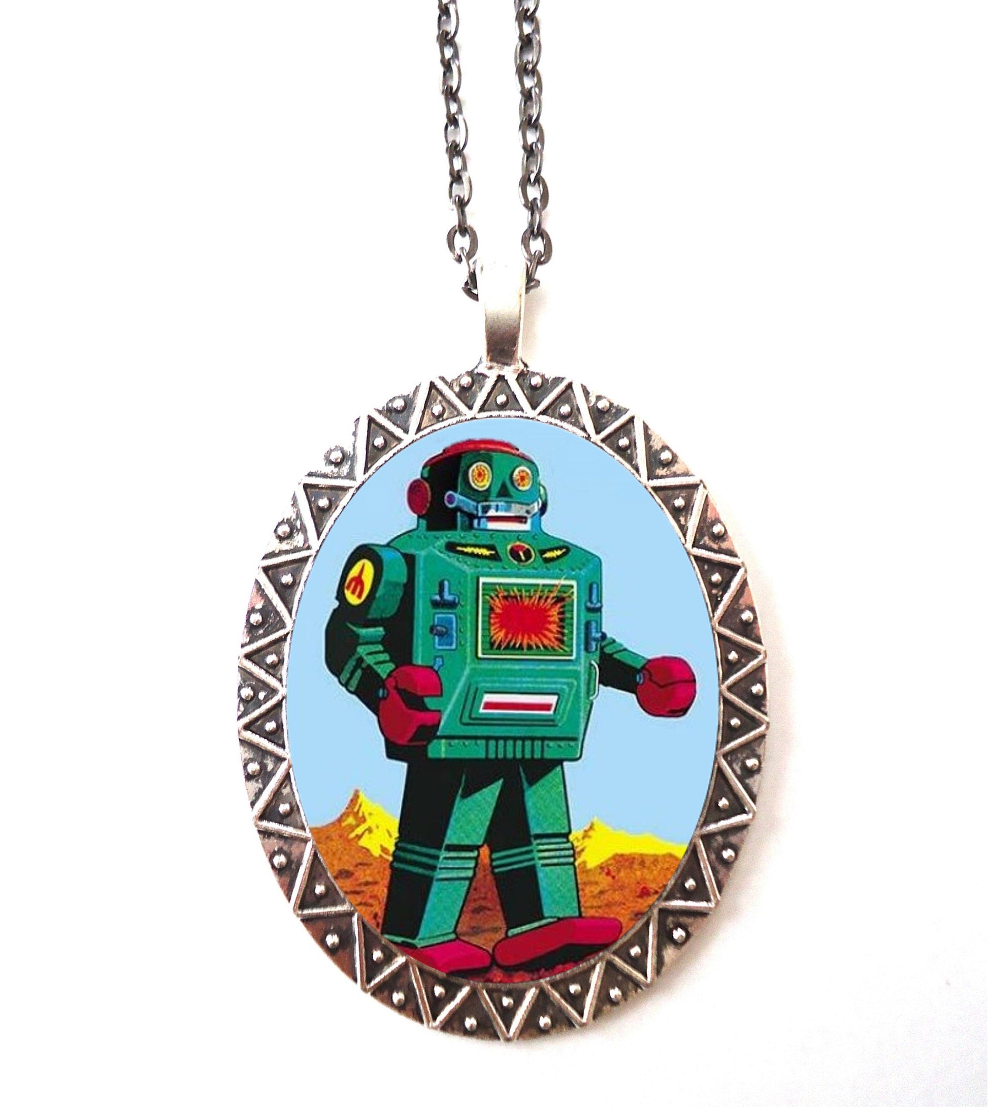 Toy Robot Necklace Pendant Silver Tone - Science Fiction Sci Fi Retro 1950s