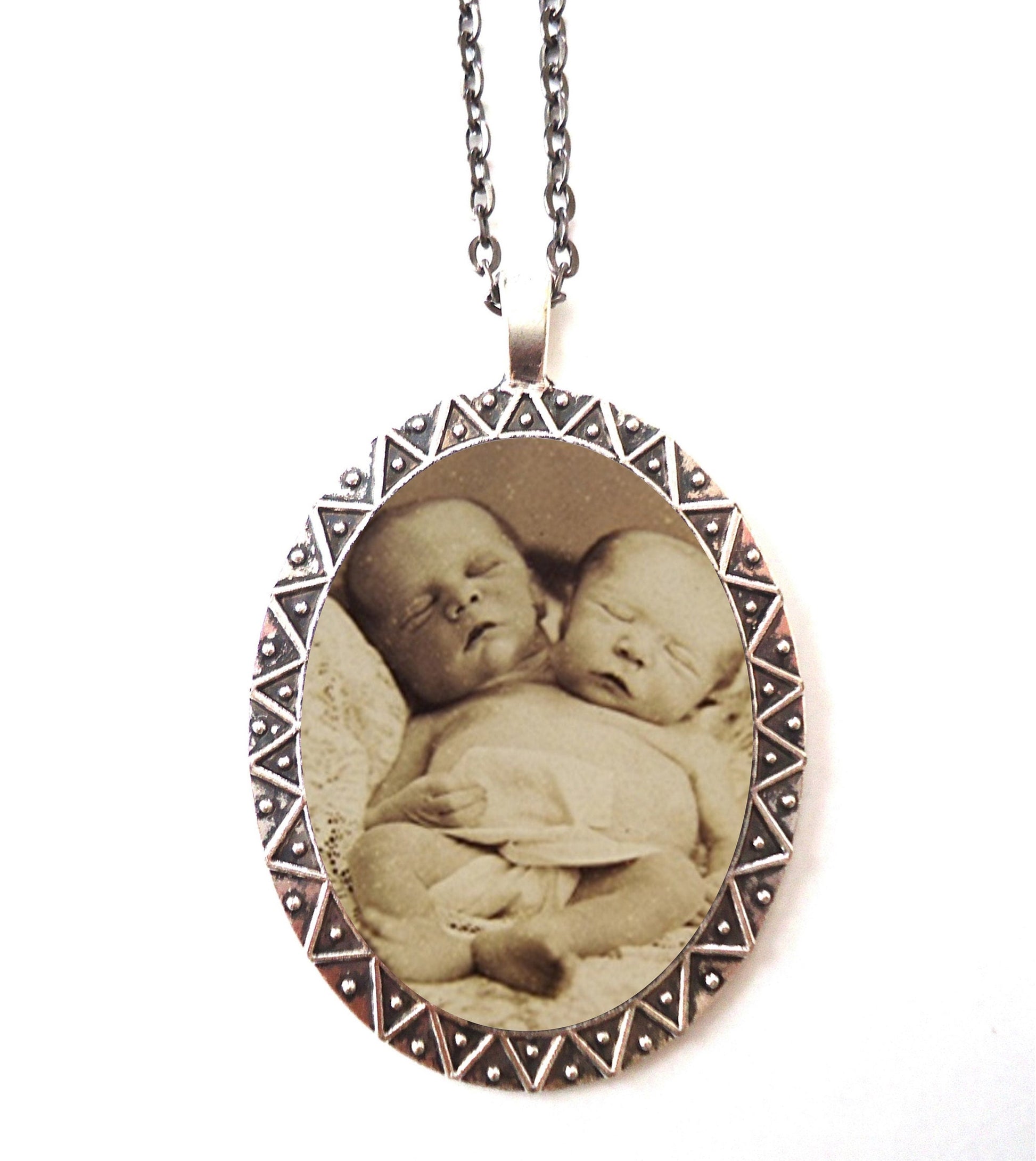 Siamese Twin Babies Necklace Pendant Silver Tone - Conjoined Goth Sideshow Dark Art