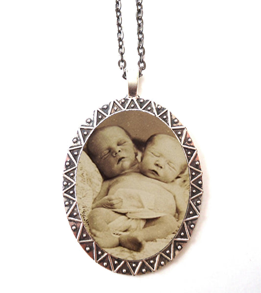 Siamese Twin Babies Necklace Pendant Silver Tone - Conjoined Goth Sideshow Dark Art