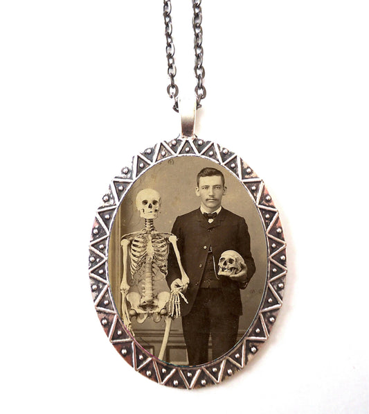 Victorian Skeleton Man Necklace Pendant Silver Tone - Skeleton Goth Gothic Dark Art Creepy