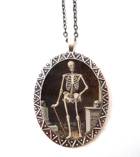 Skeleton Man Necklace Pendant Silver Tone - Goth Gothic Dark Art Creepy Ligozzi