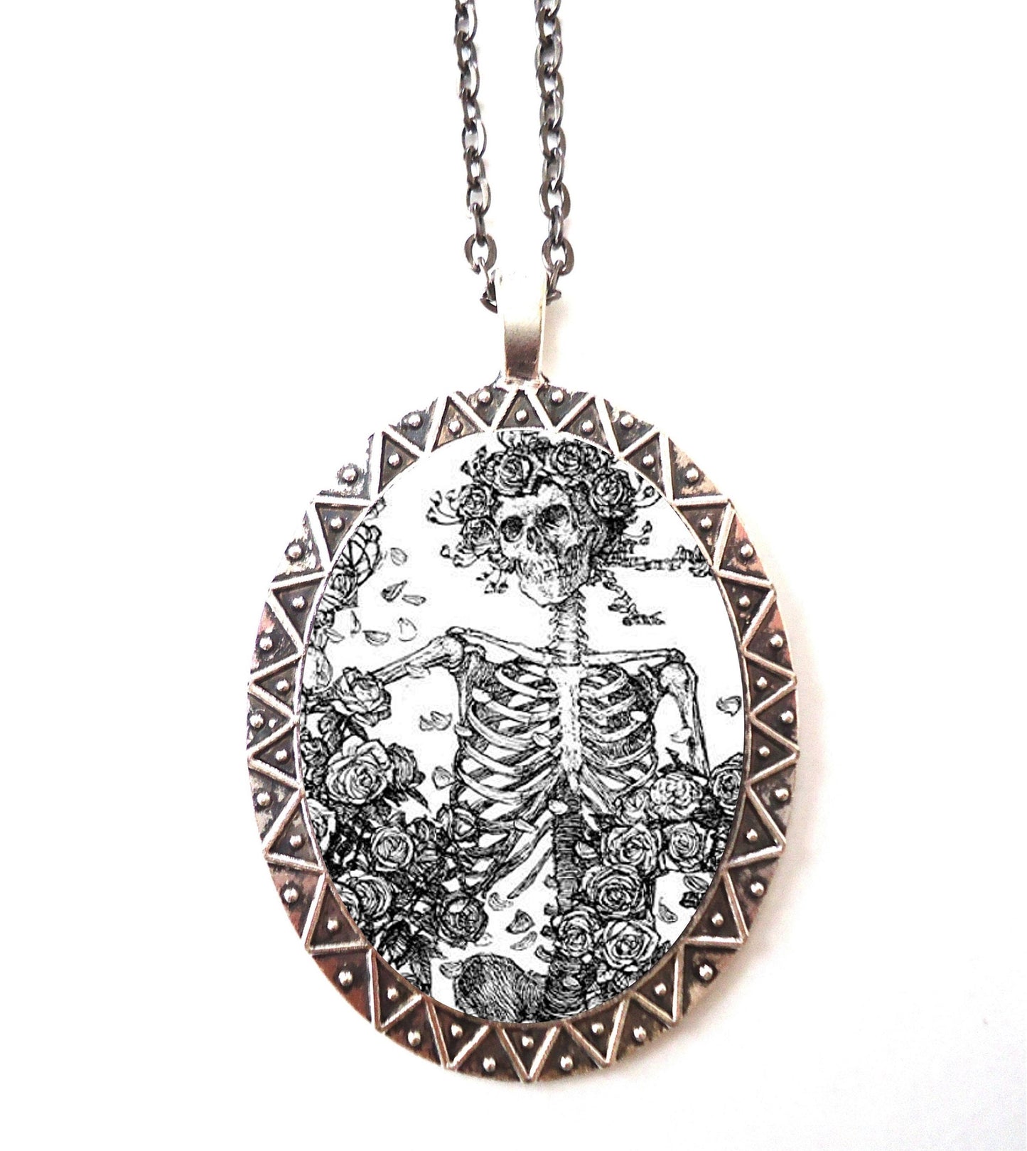 Skeleton and Roses Necklace Pendant Silver Tone - Goth Gothic Dark Art Antique Image