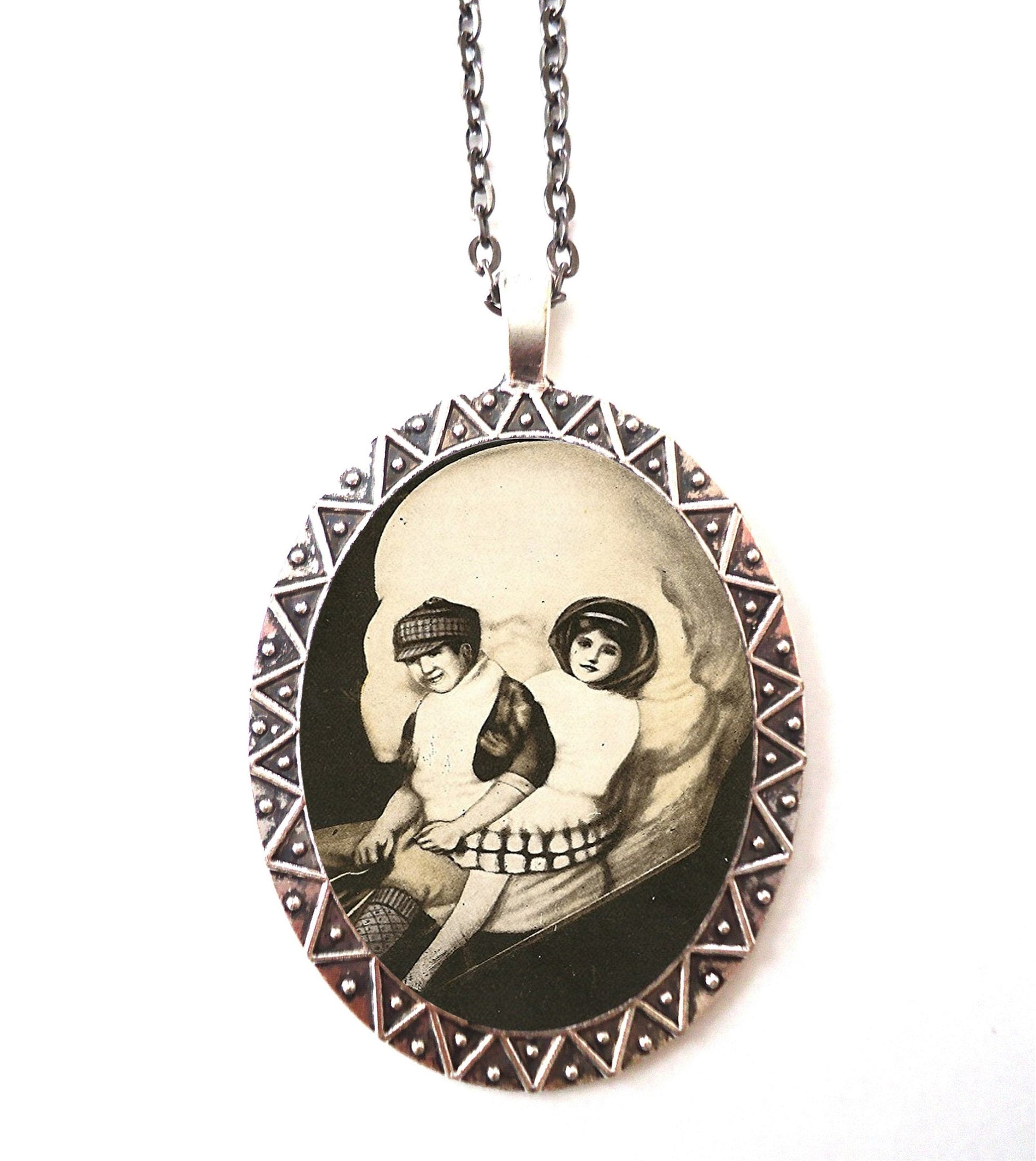 Skull Optical Illusion Necklace Pendant Silver Tone - Metamorphic Goth Gothic Victorian Dark Art Kids Sledding